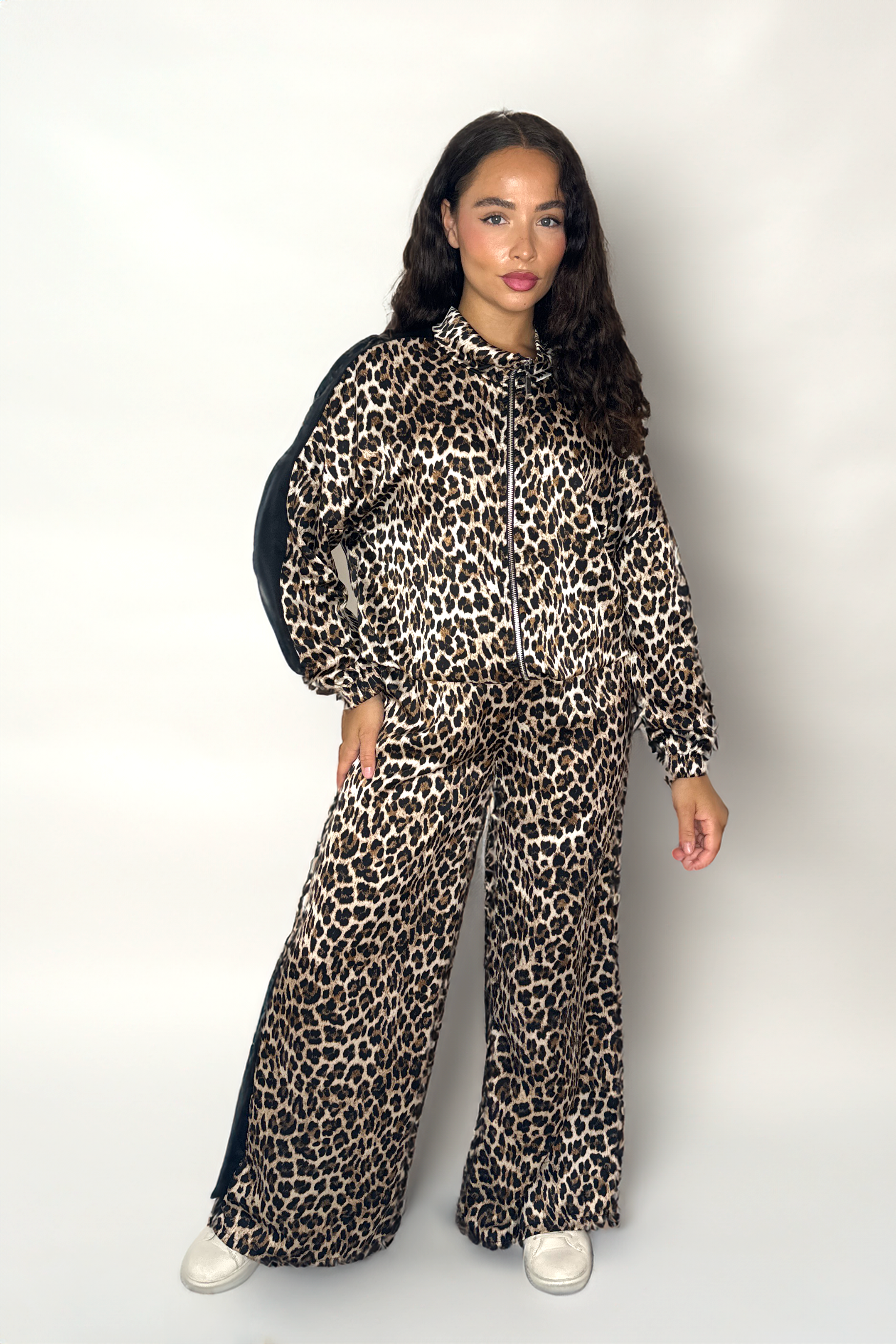 Leopard Print Colour Block Stripe Zşpper Jacket And Wide Leg Trousers Thin Satin Co-ord Set-SinglePrice