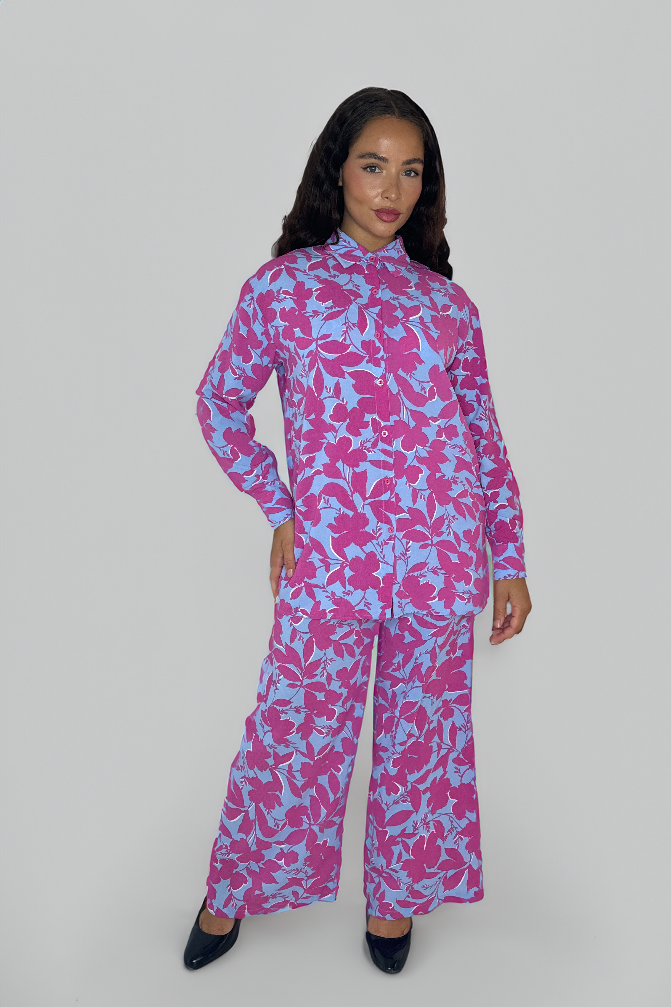 Floral Print Wide Leg High Rise Trousers Relax Fit Relax Fit Blouse And Brallet 3-piece Co-ord Set-SinglePrice