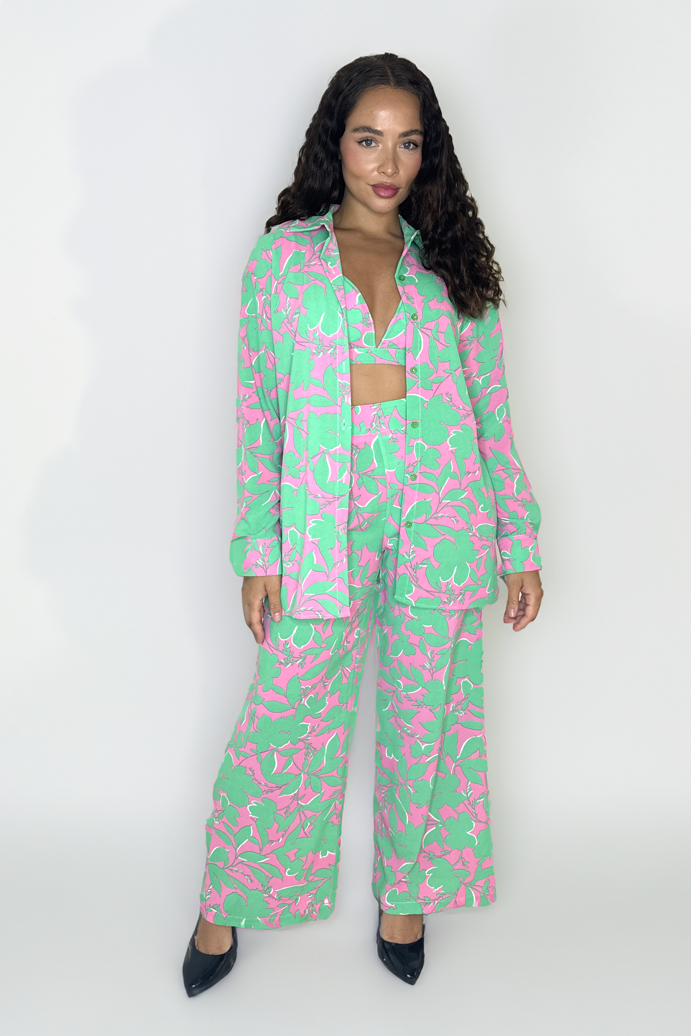 Floral Print Wide Leg High Rise Trousers Relax Fit Relax Fit Blouse And Brallet 3-piece Co-ord Set-SinglePrice