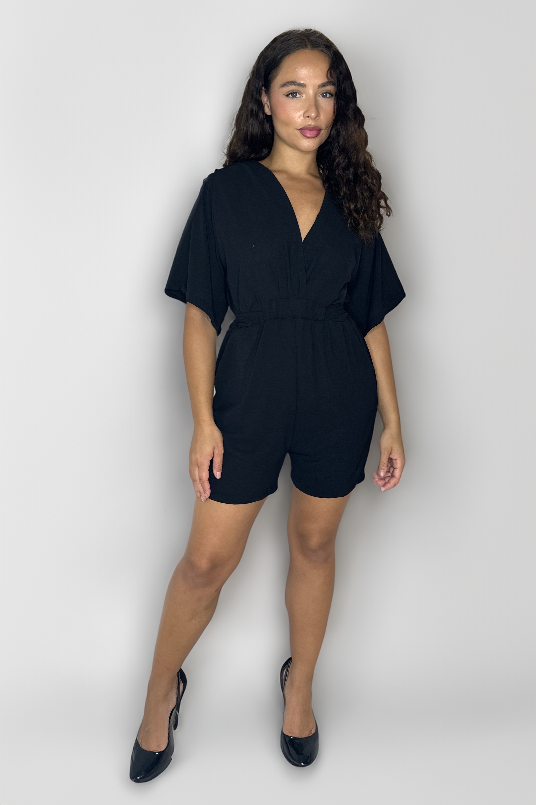 Low Cut Neckline Tie Up Waist Short Sleeve Playsuit-SinglePrice