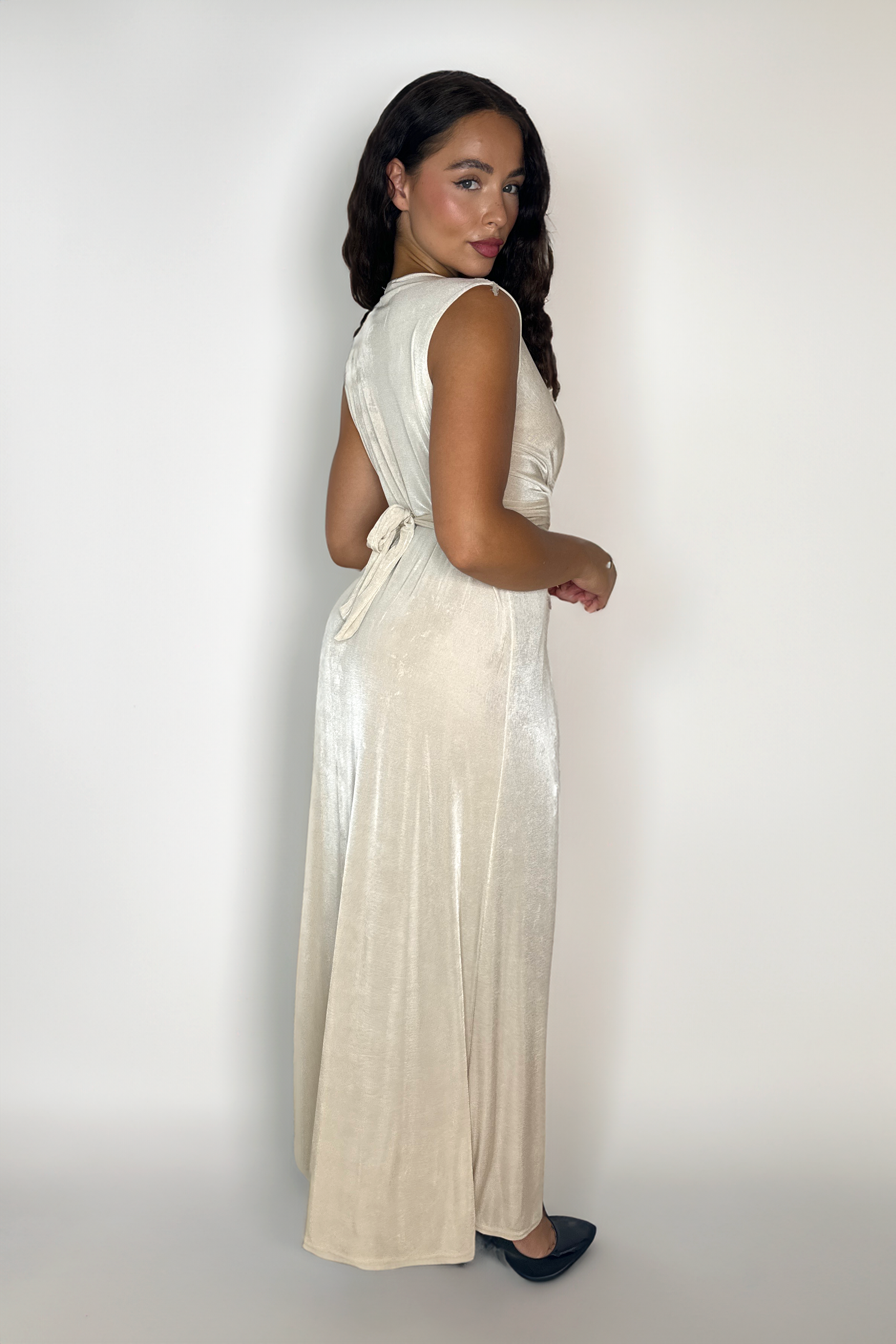 Low Cut Twist Tie Waist Sheer Roman Maxi Dress-SinglePrice