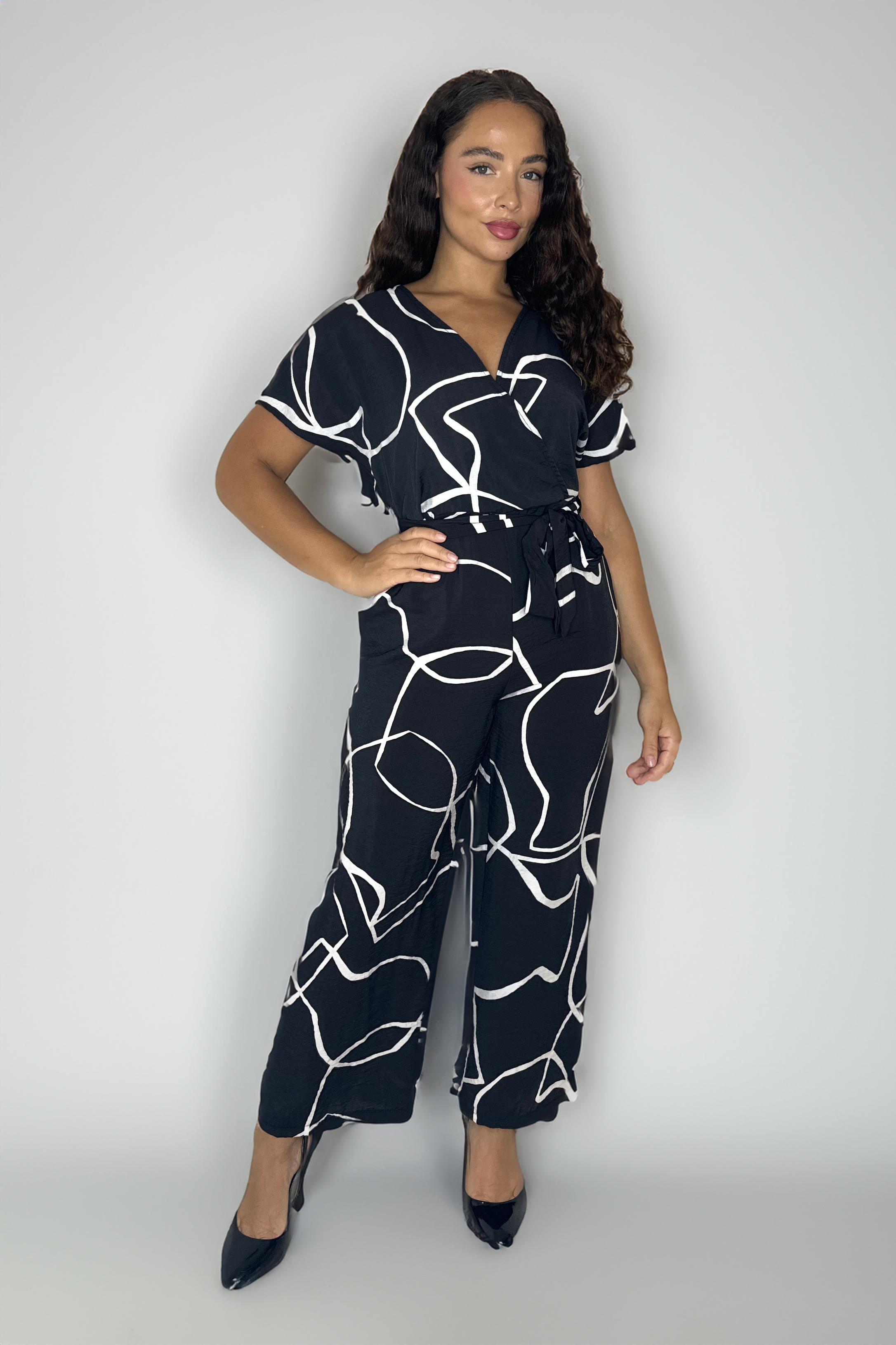 Low-Cut Short Sleeve Tie Waist Straight Leg Viscose Blend All Over Print Jumpsuit-SinglePrice