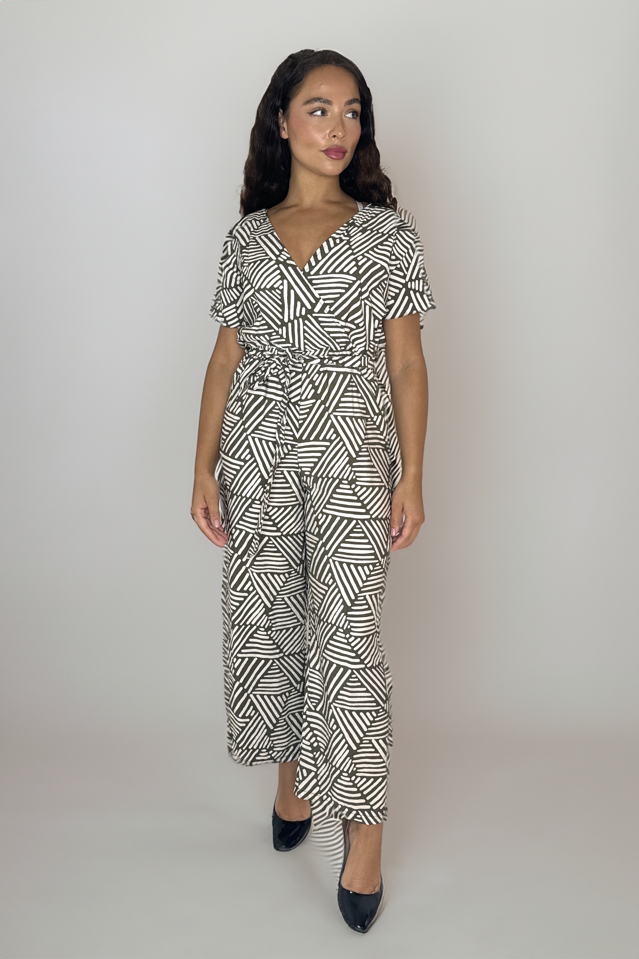 Low-Cut Short Sleeve Tie Waist Straight Leg Viscose Blend All Over Print Jumpsuit-SinglePrice