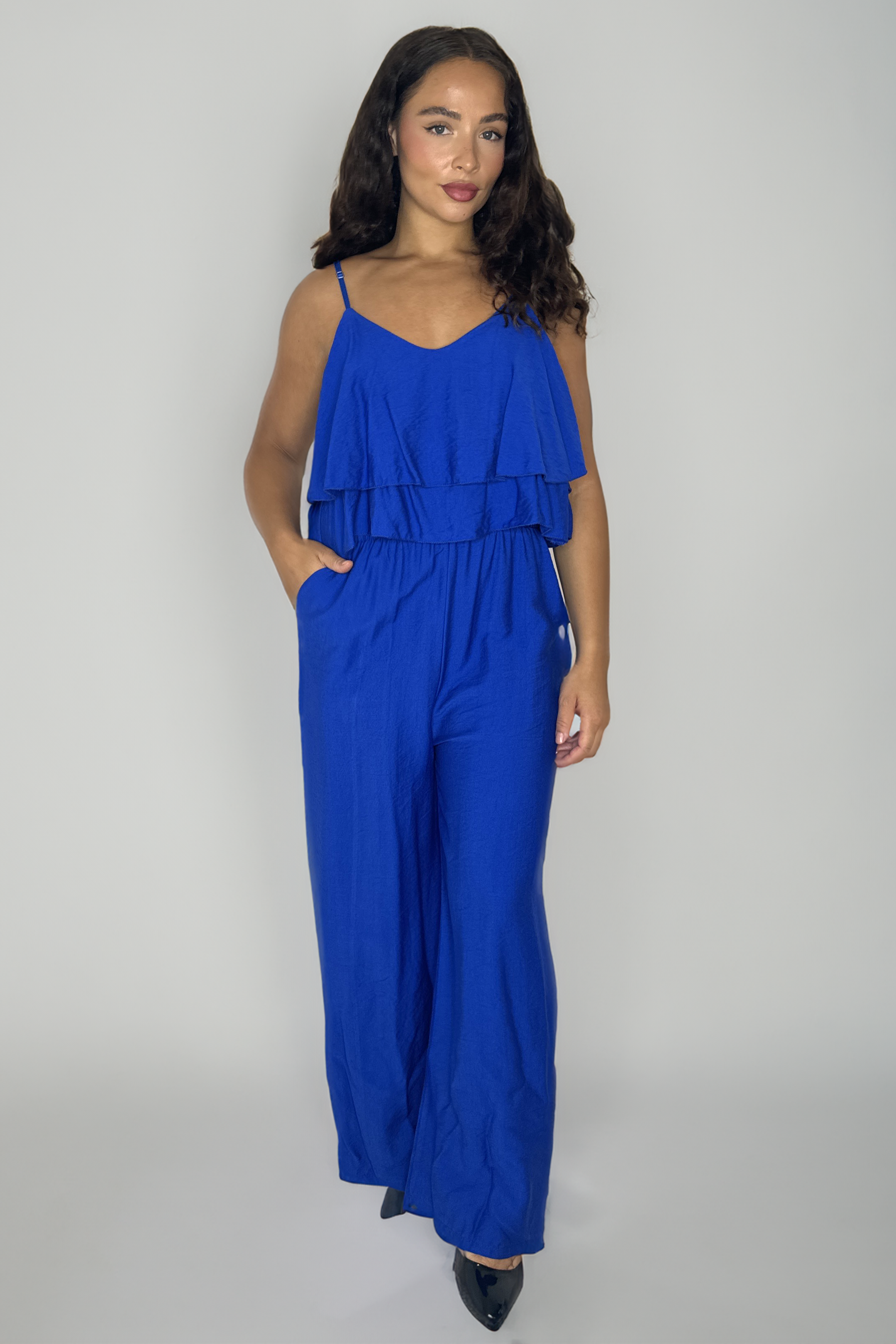 Strappy Layered Cinched Waist Viscose Blend Jumpsuit-SinglePrice