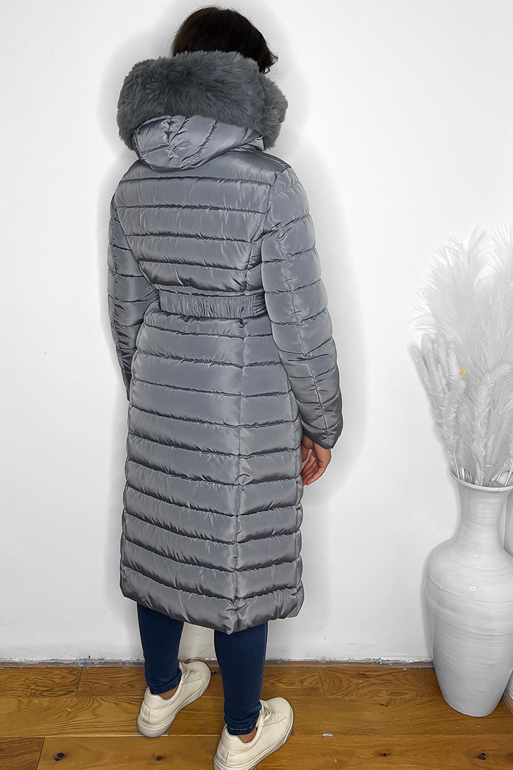 Quilted faux fur hooded hot sale padded puffer coat grey