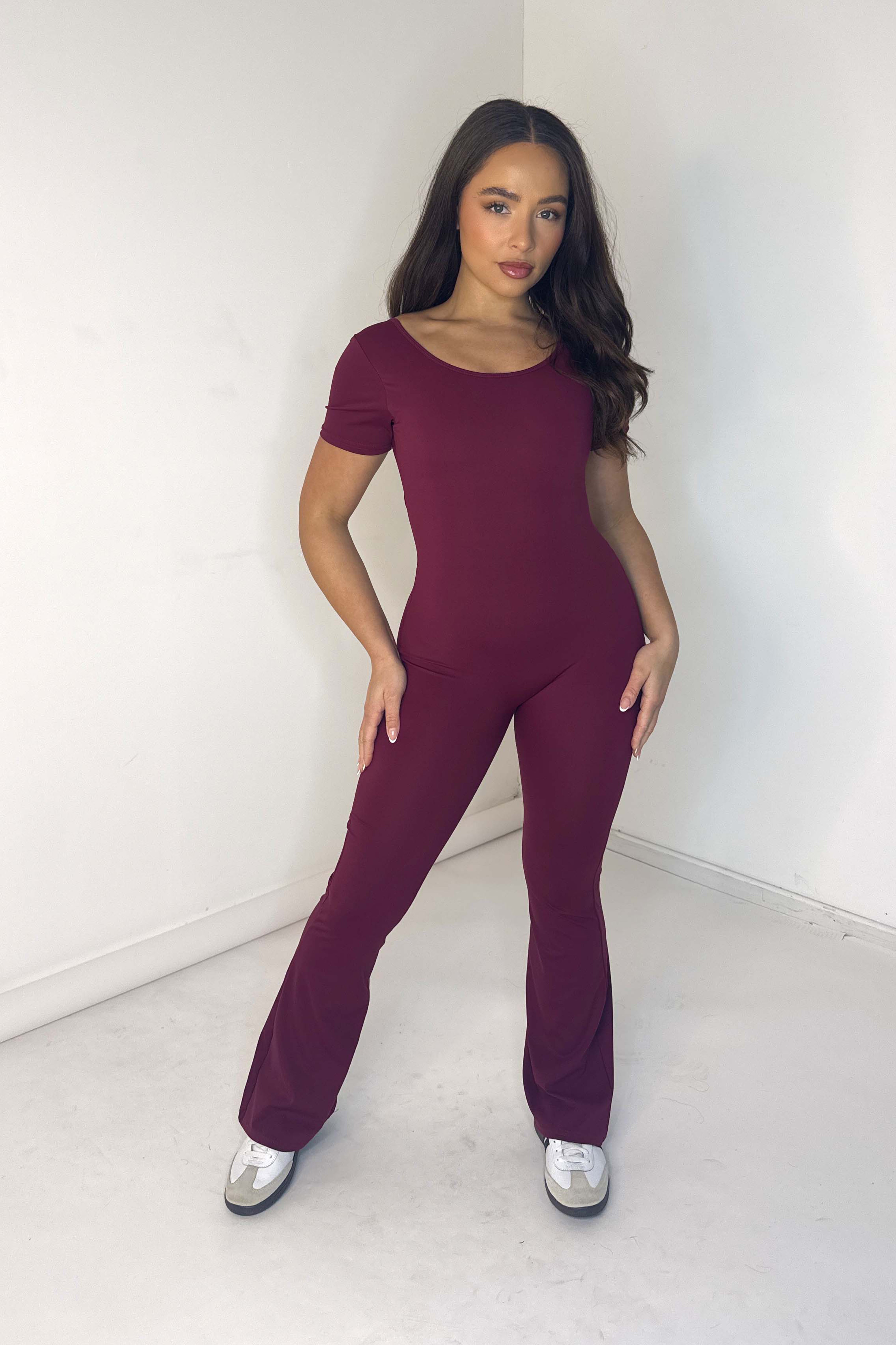 Cut Out Back Ruched Flare Leg Activewear Jumpsuit