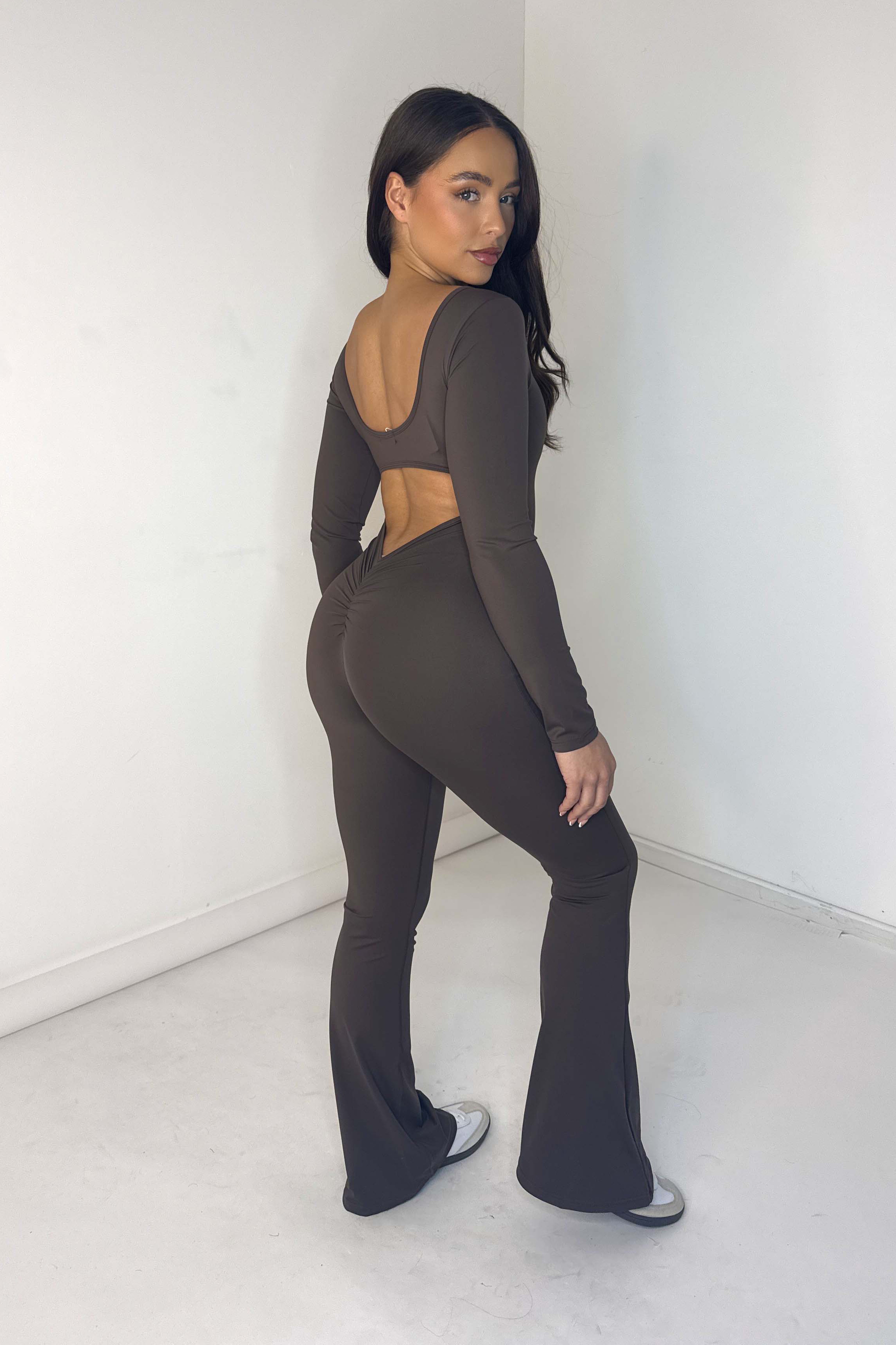 Cut Out Back Flare Leg Ruched Activewear Jumpsuit