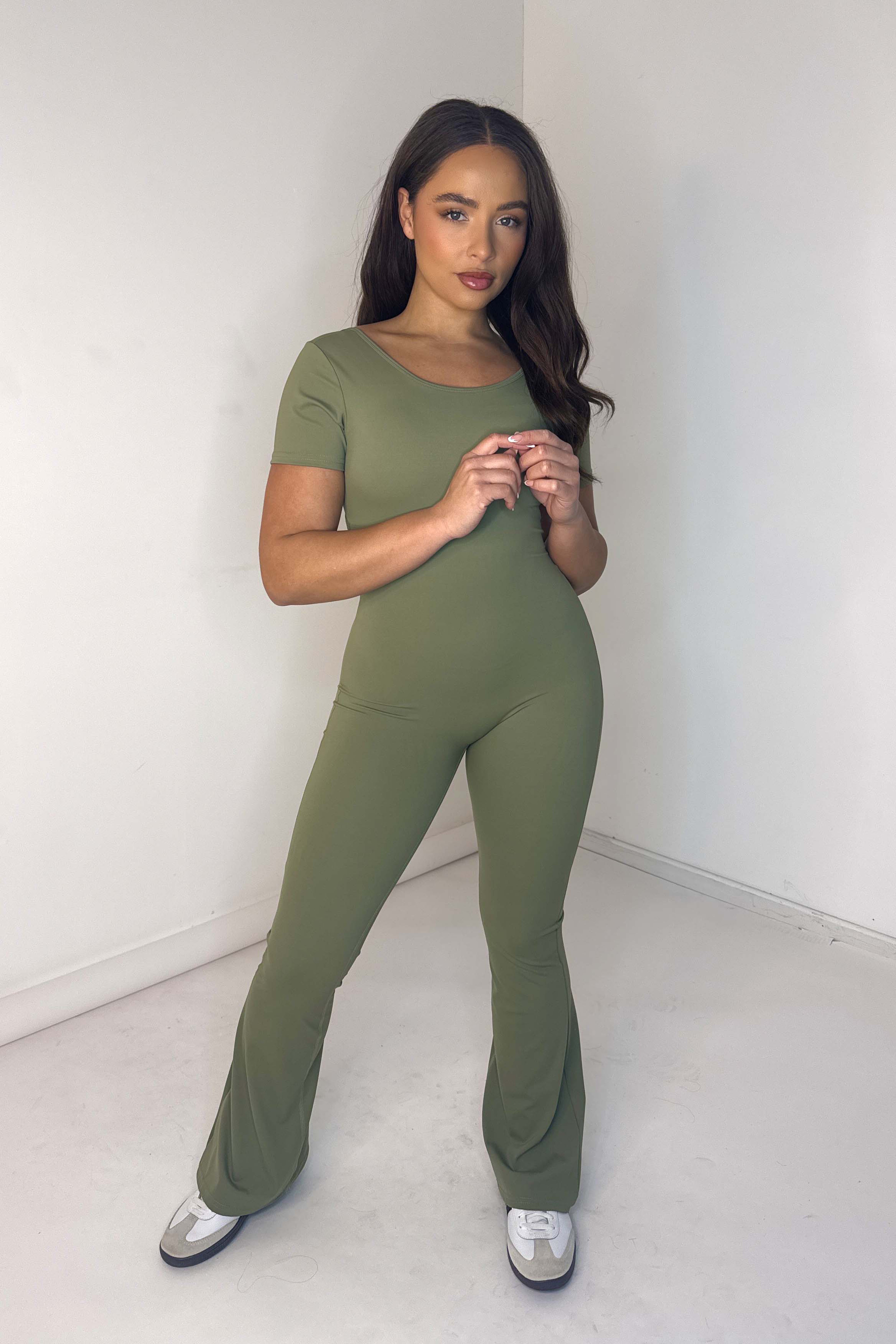 Cut Out Back Ruched Flare Leg Activewear Jumpsuit