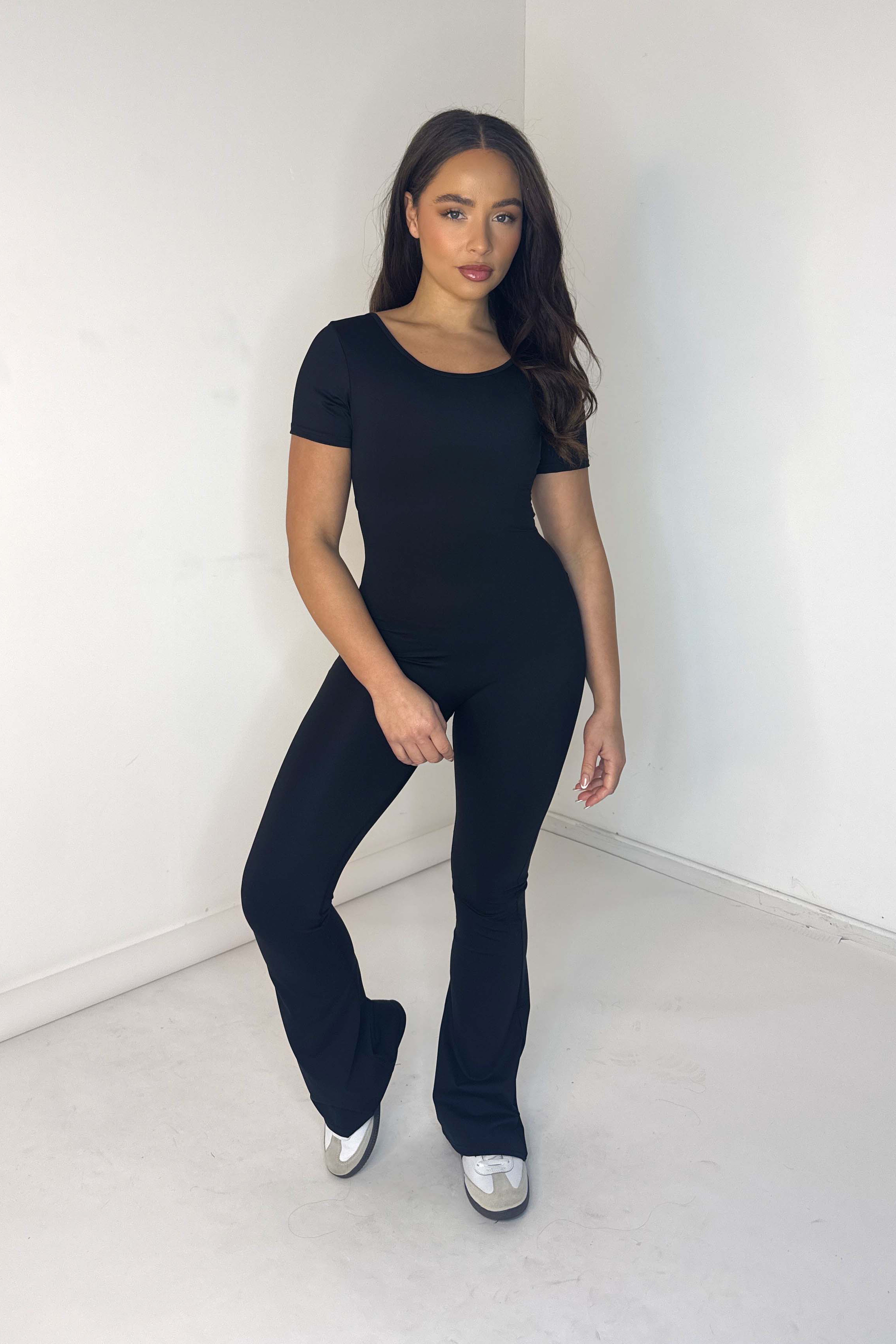 Cut Out Back Ruched Flare Leg Activewear Jumpsuit