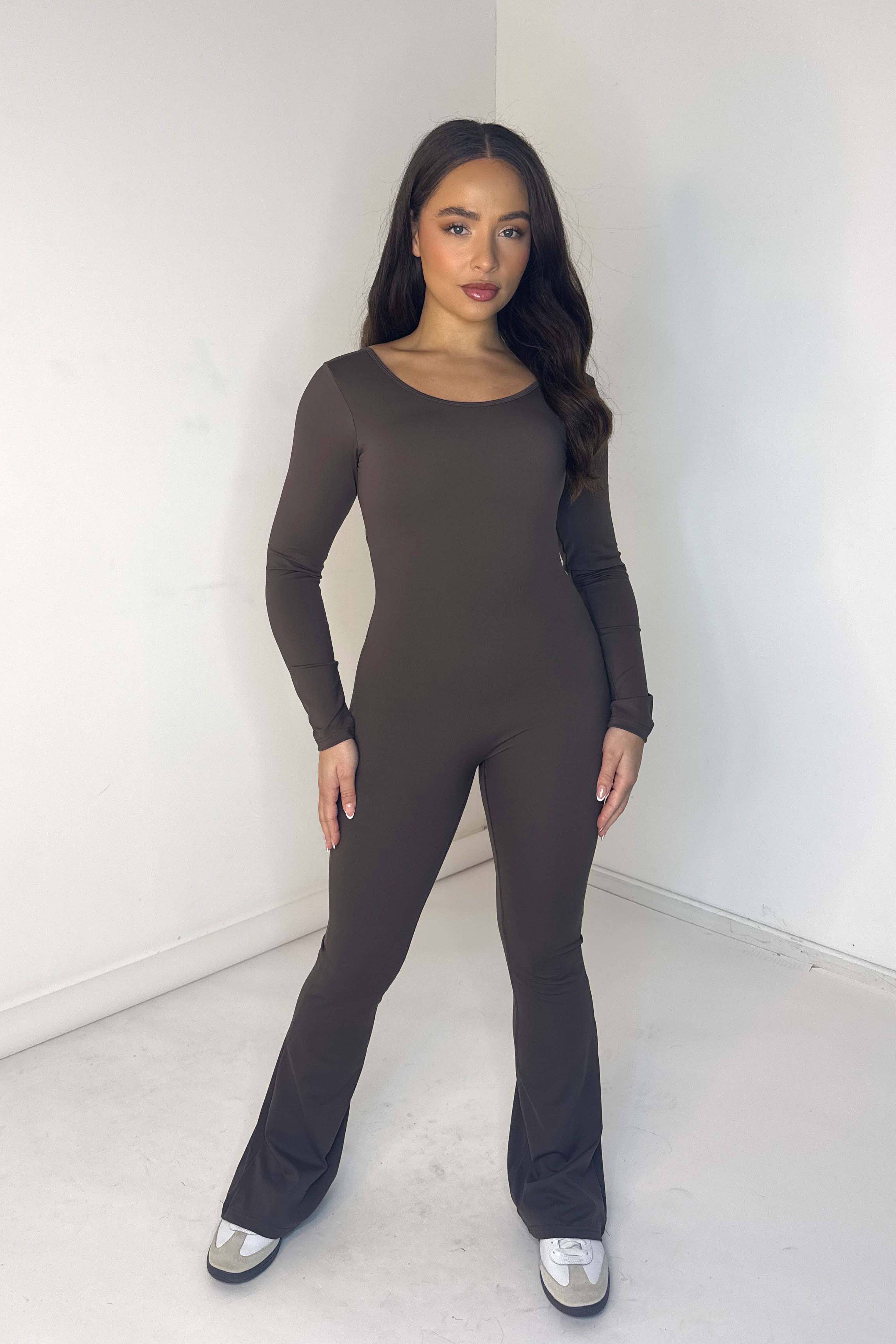 Cut Out Back Flare Leg Ruched Jumpsuit