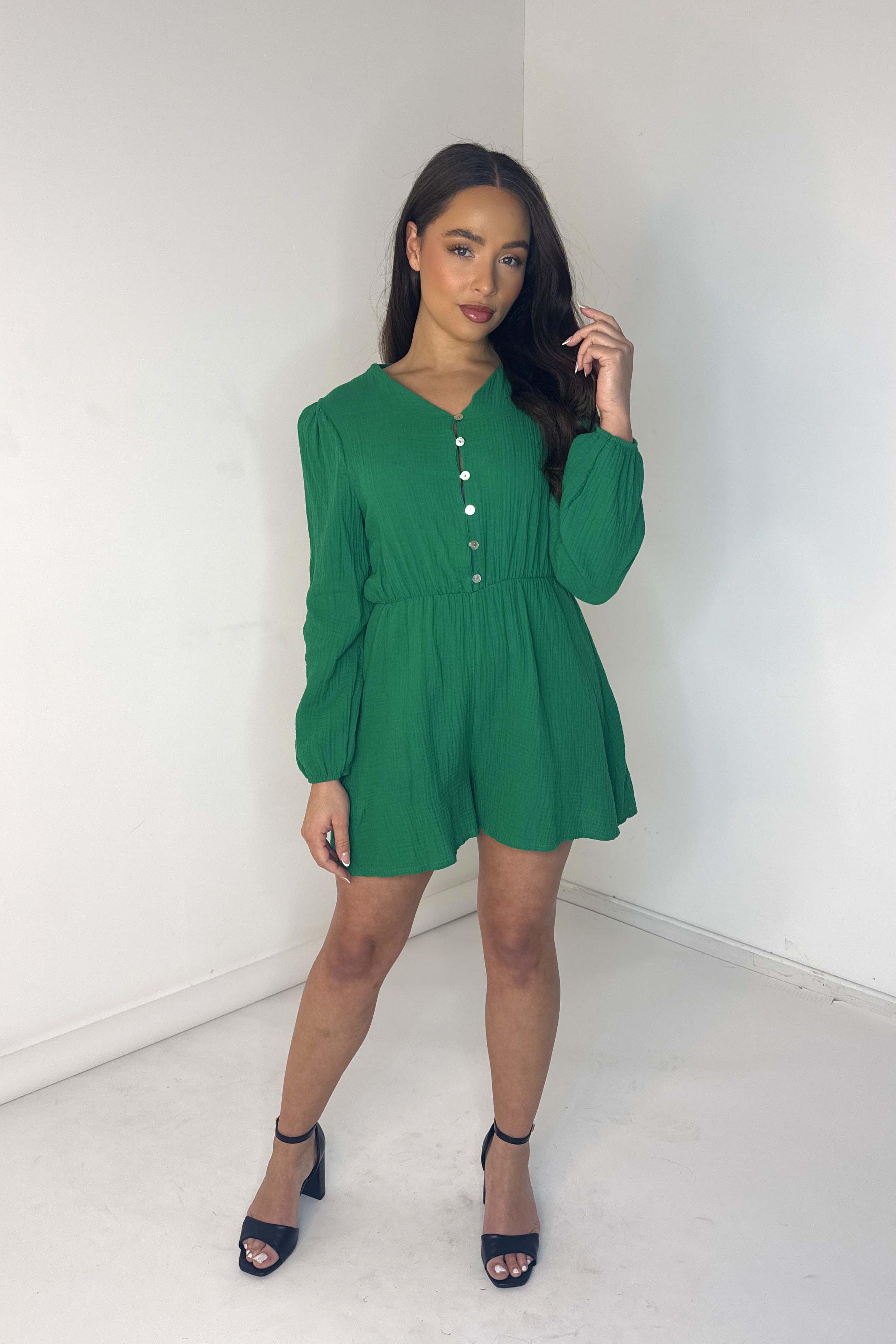 Long Sleeve Textured Cotton Playsuit