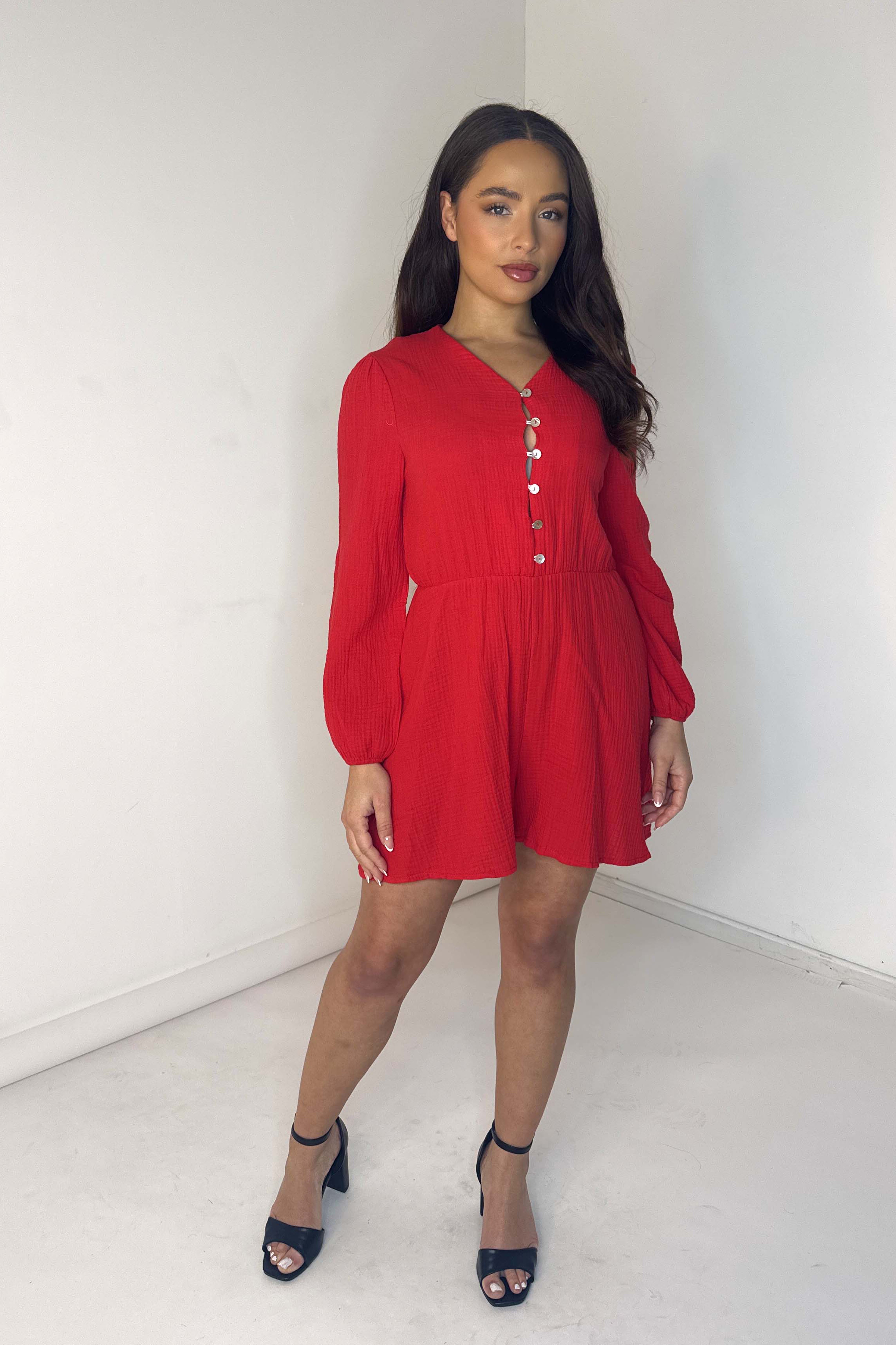 Long Sleeve Textured Cotton Playsuit