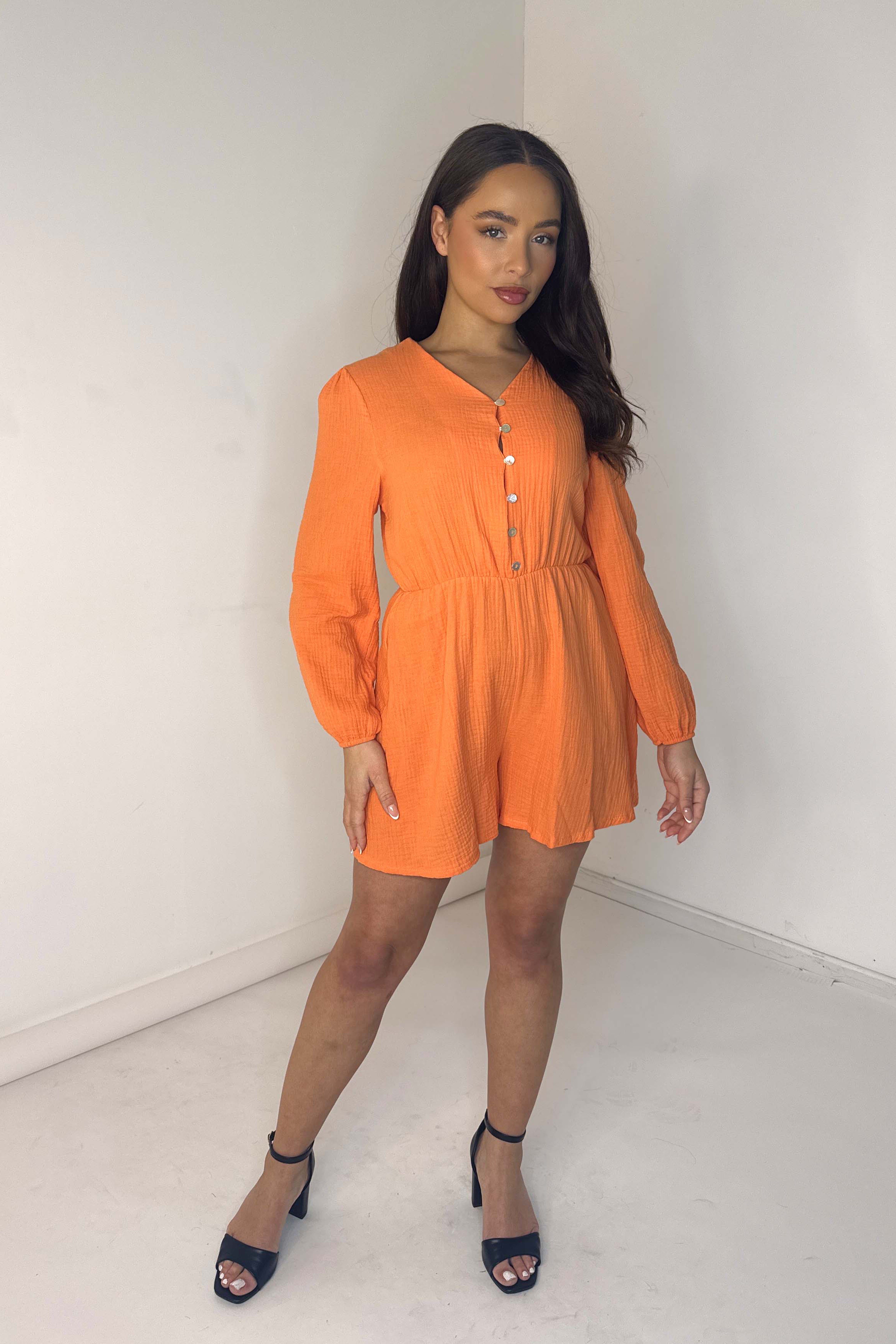 Long Sleeve Textured Cotton Playsuit