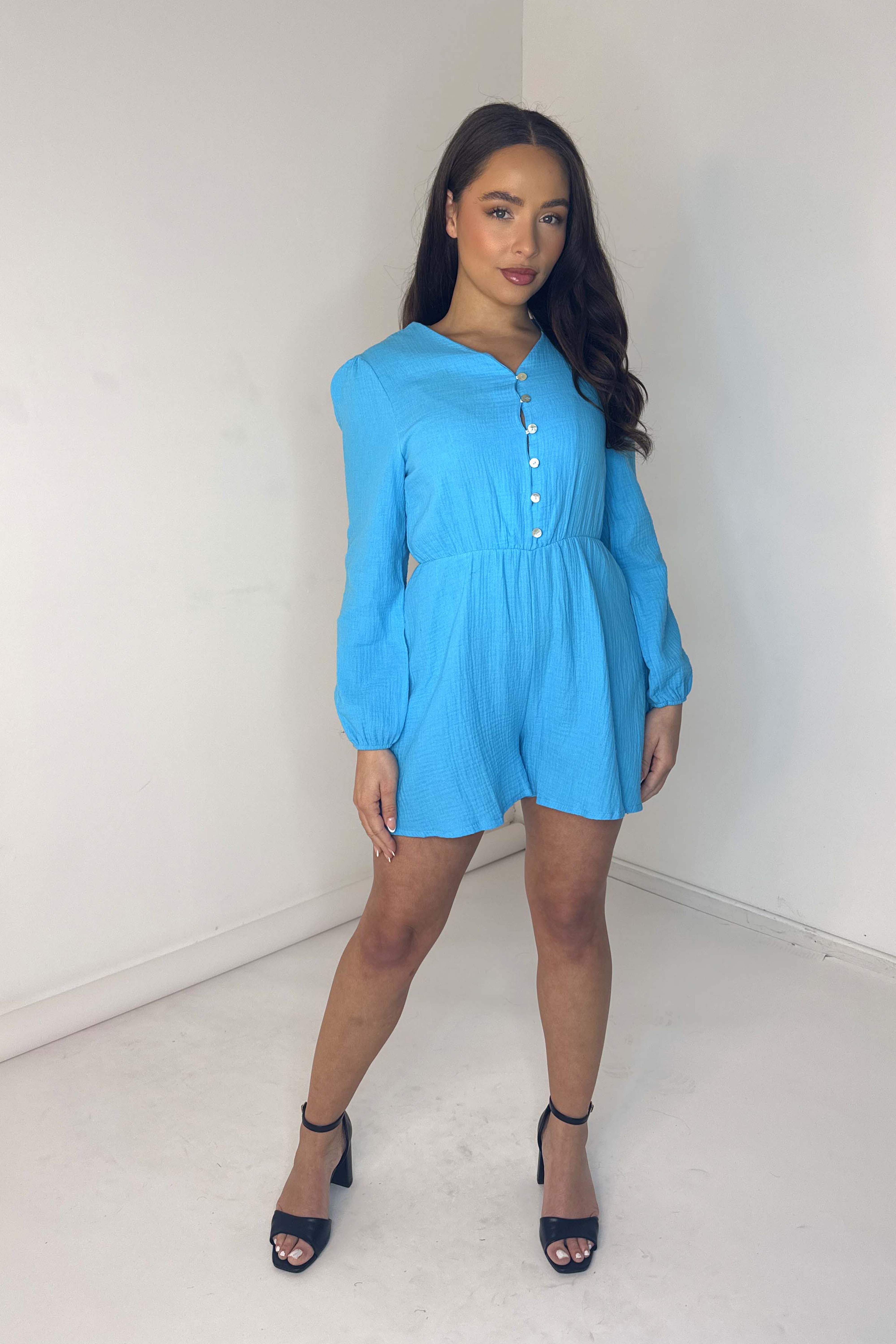 Long Sleeve Textured Cotton Playsuit