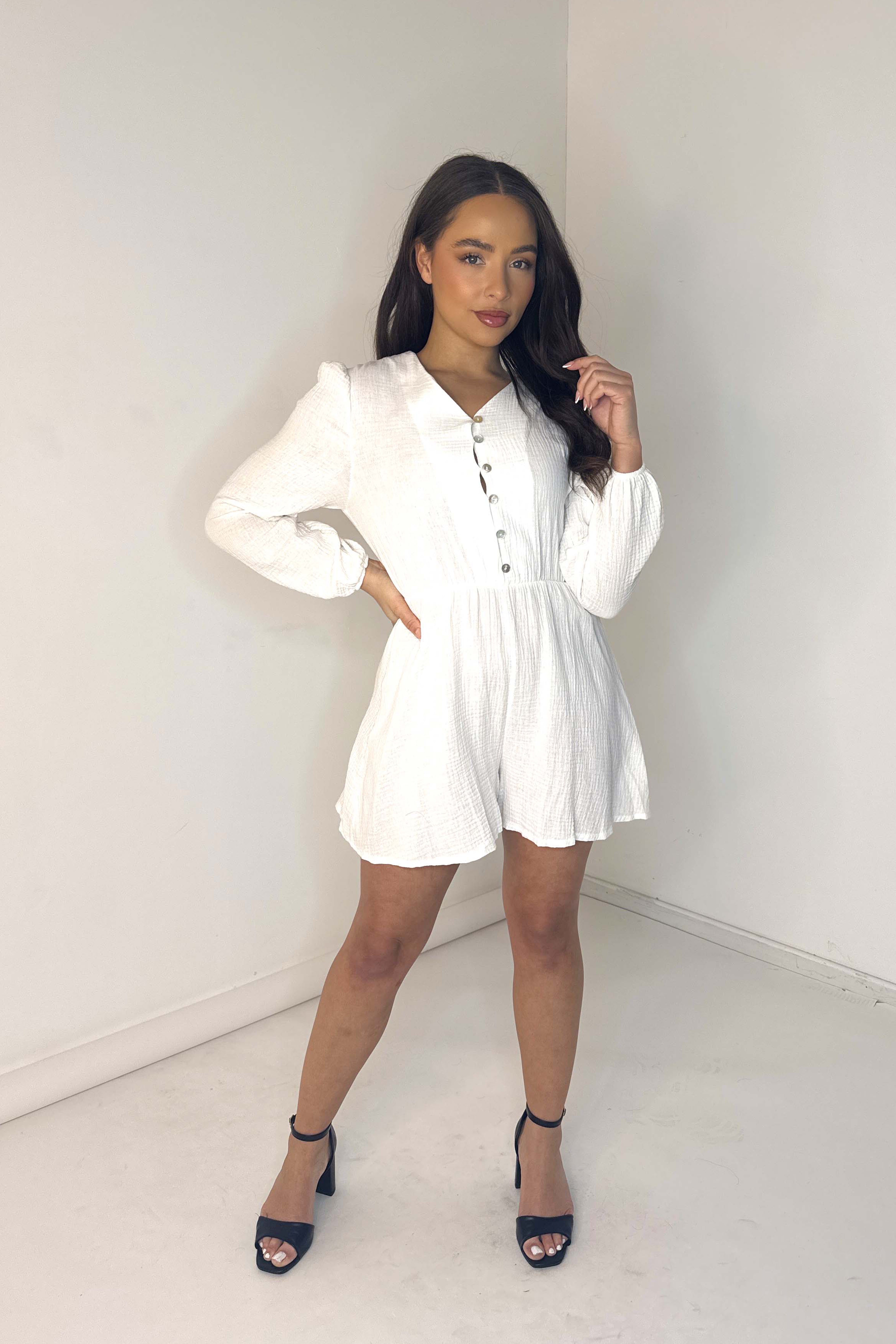 Long Sleeve Textured Cotton Playsuit