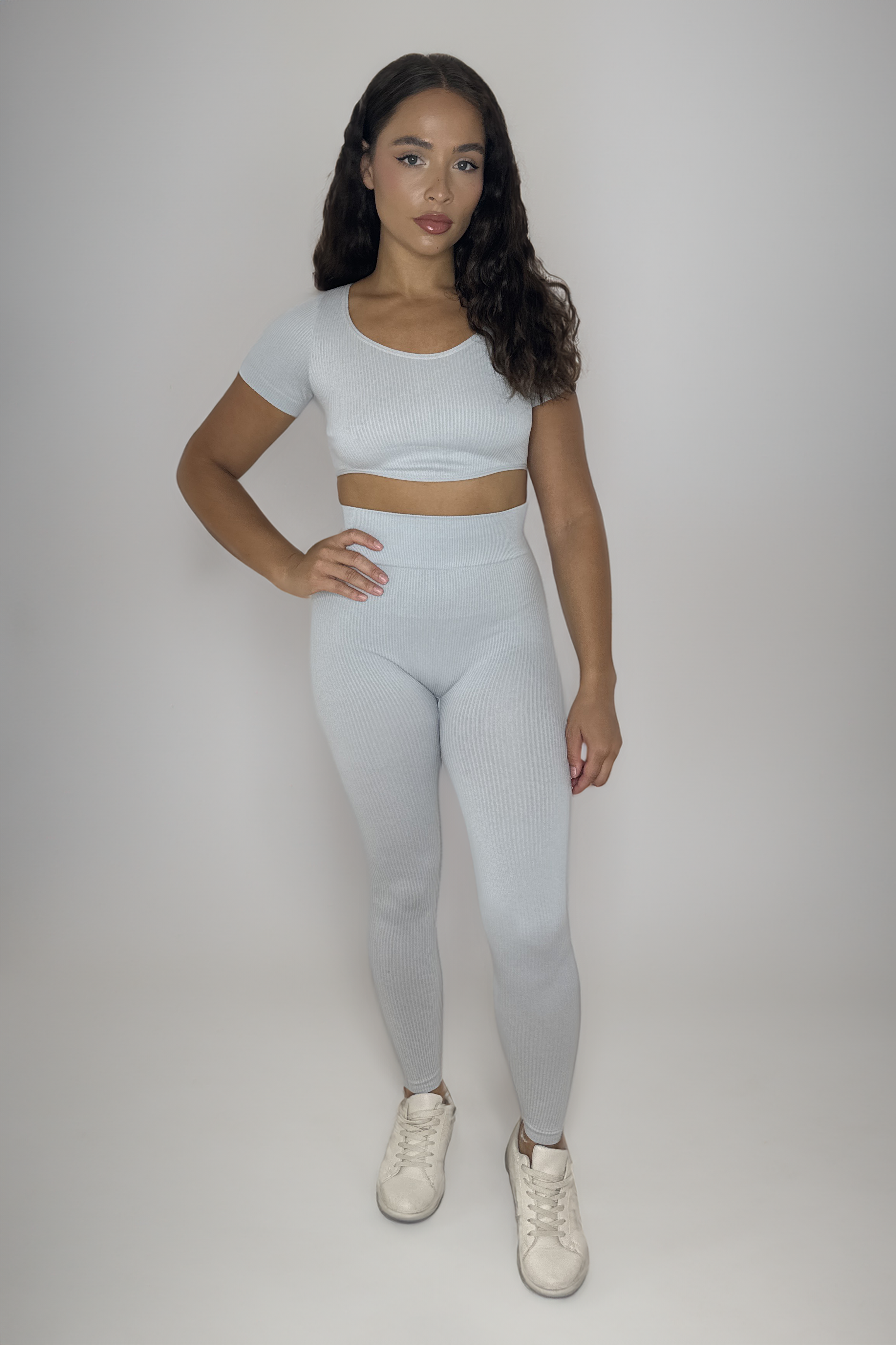 Ribbed Stretchy Short Sleeve Asymmetric Crop Top And Leggings Activewear Set