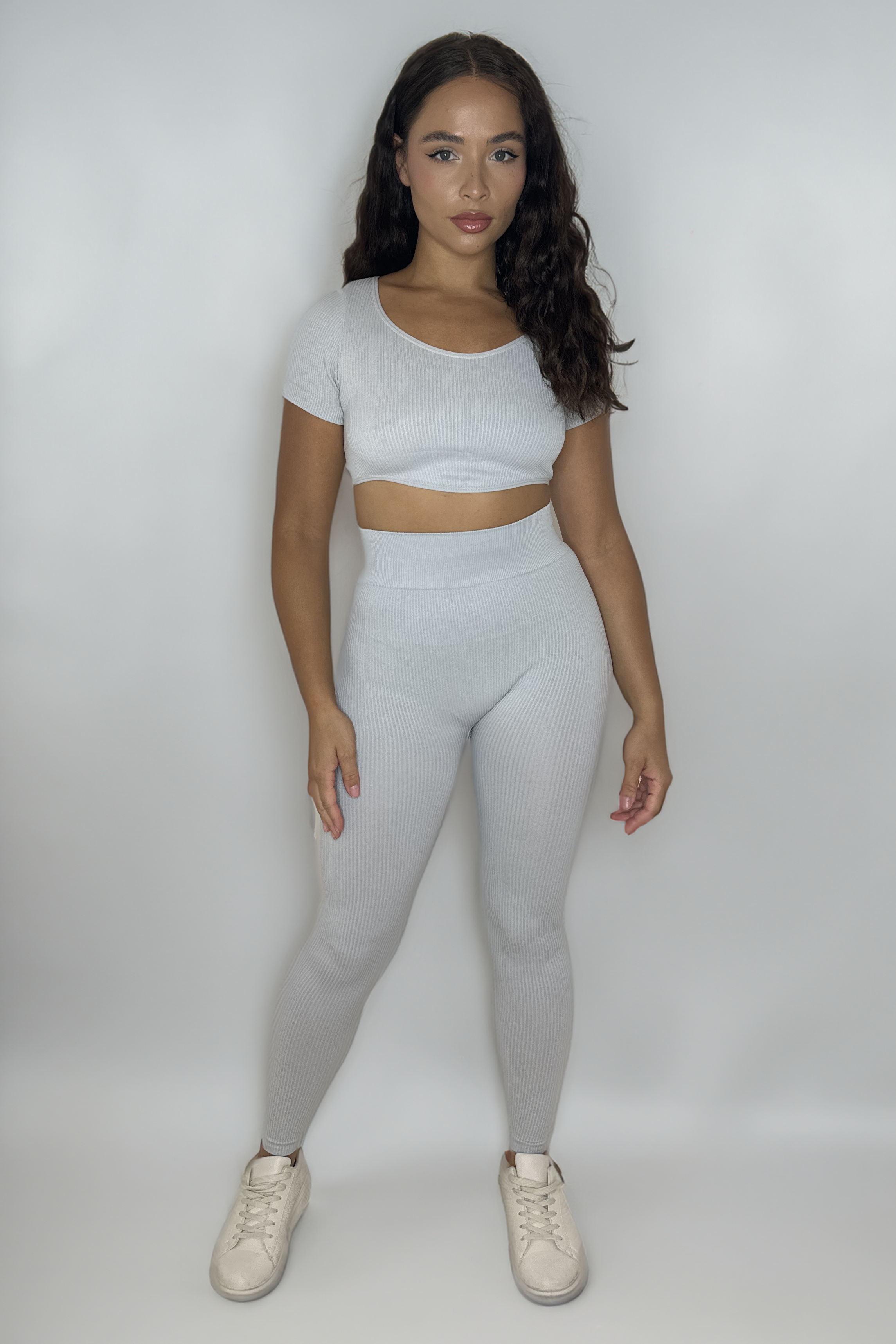 Ribbed Stretchy Short Sleeve Asymmetric Crop Top And Leggings Activewear Set