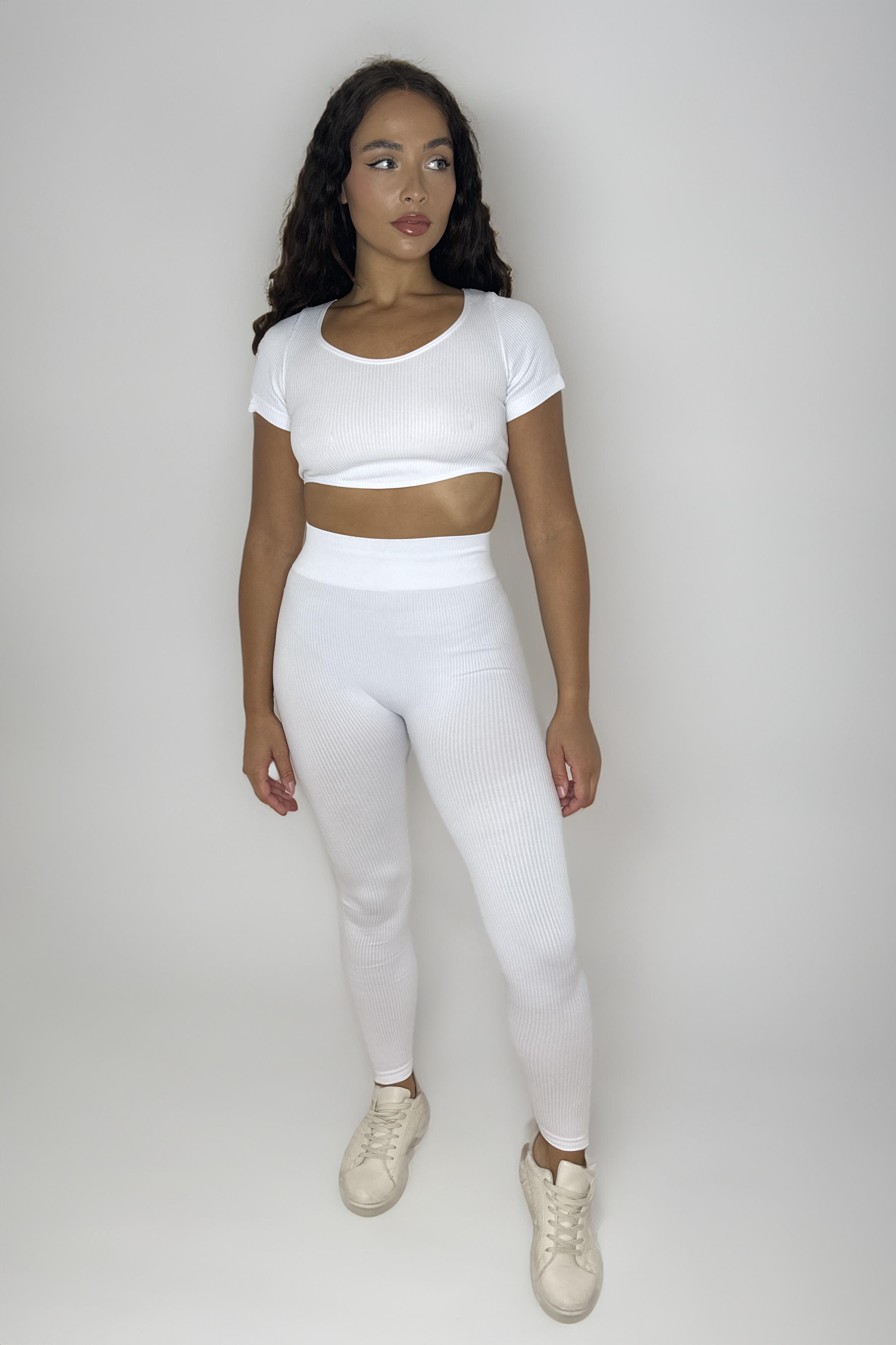 Ribbed Stretchy Short Sleeve Asymmetric Crop Top And Leggings Activewear Set