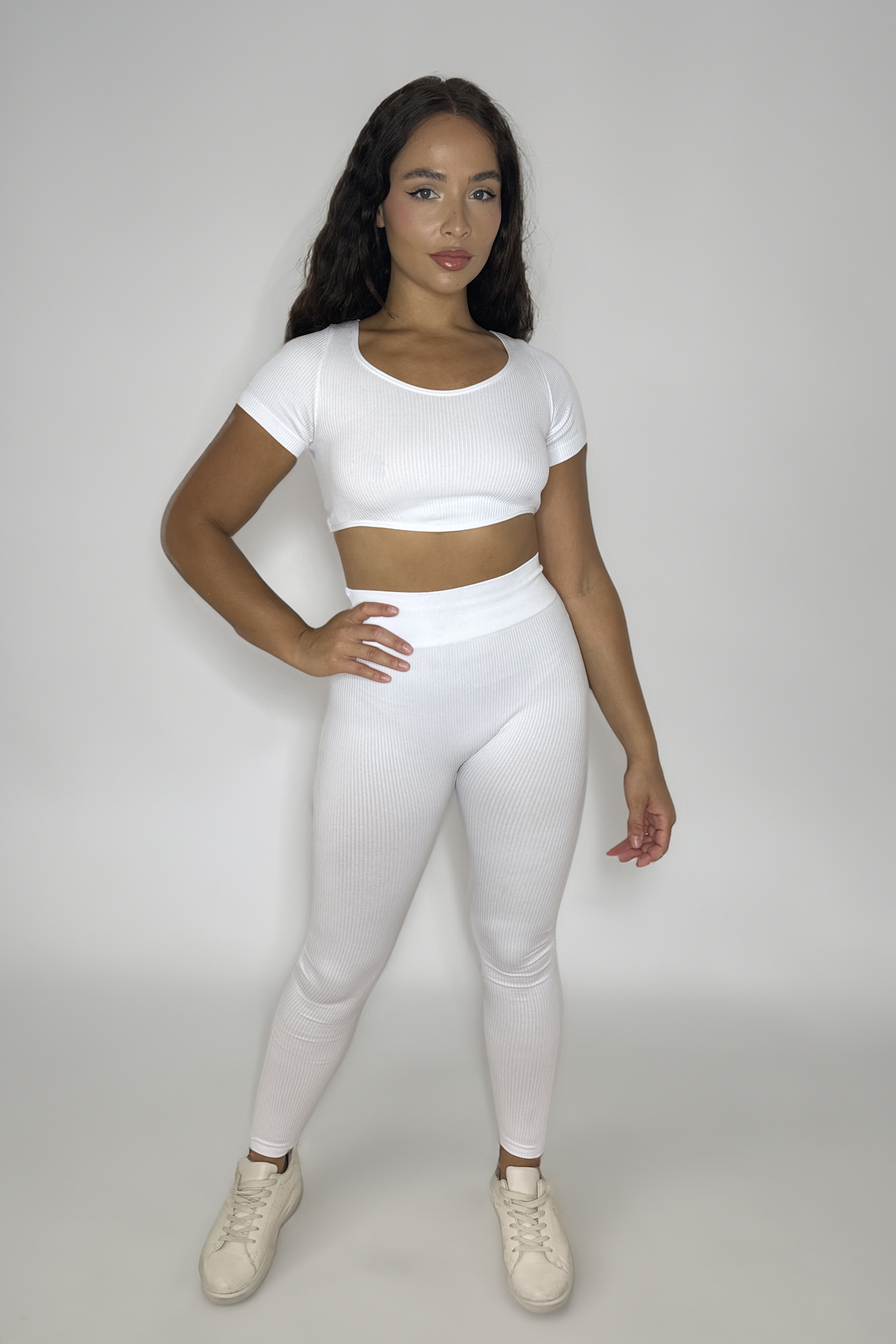 Ribbed Stretchy Short Sleeve Asymmetric Crop Top And Leggings Activewear Set