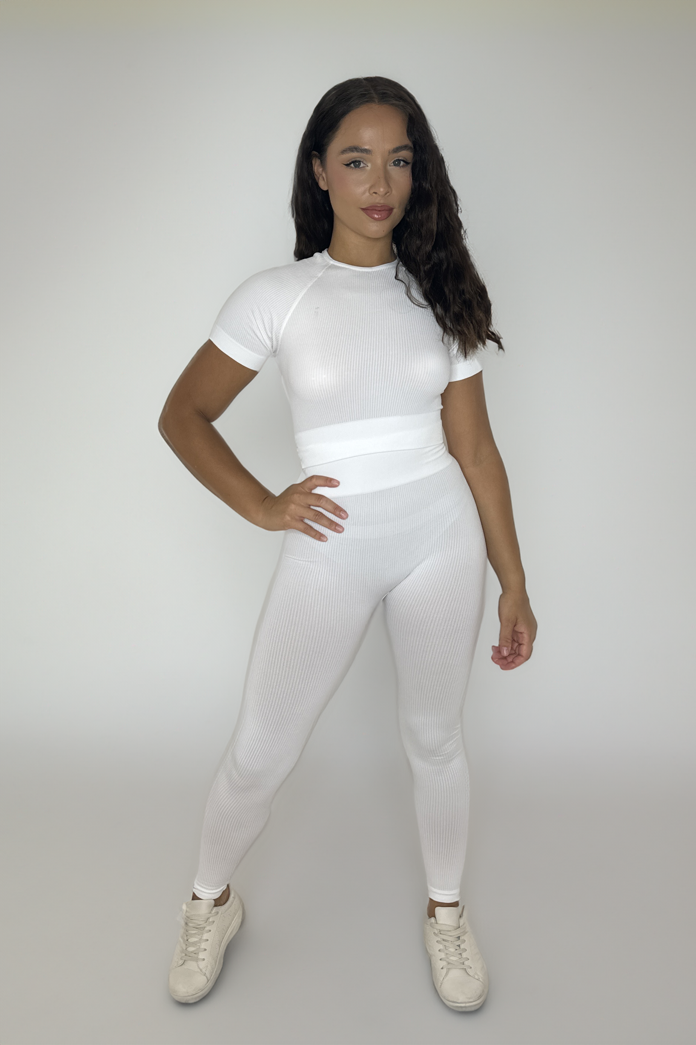 Ribbed Stretchy Short Sleeve  Elasticated Waist Crop Top And Leggings Activewear Set