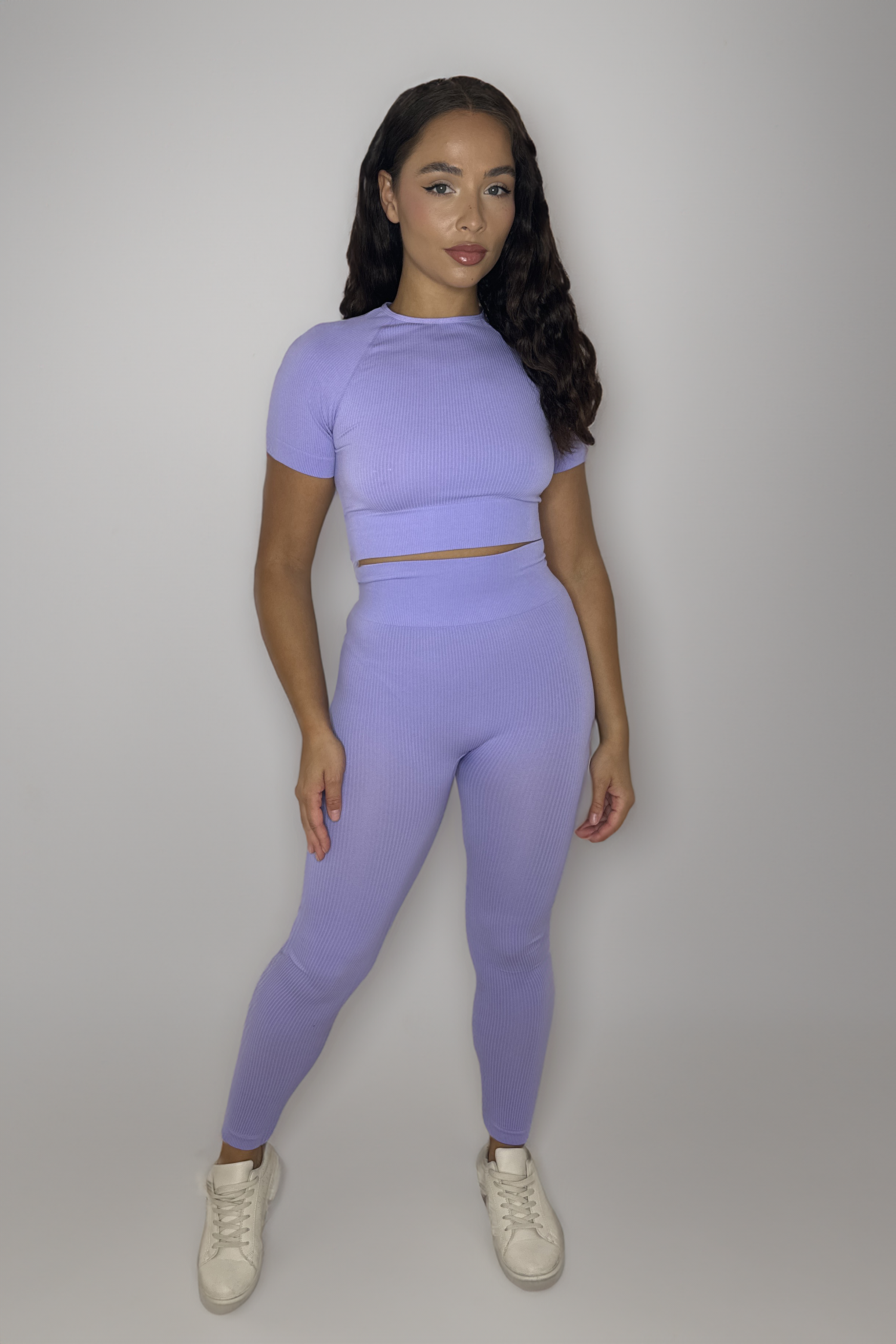 Ribbed Stretchy Short Sleeve  Elasticated Waist Crop Top And Leggings Activewear Set