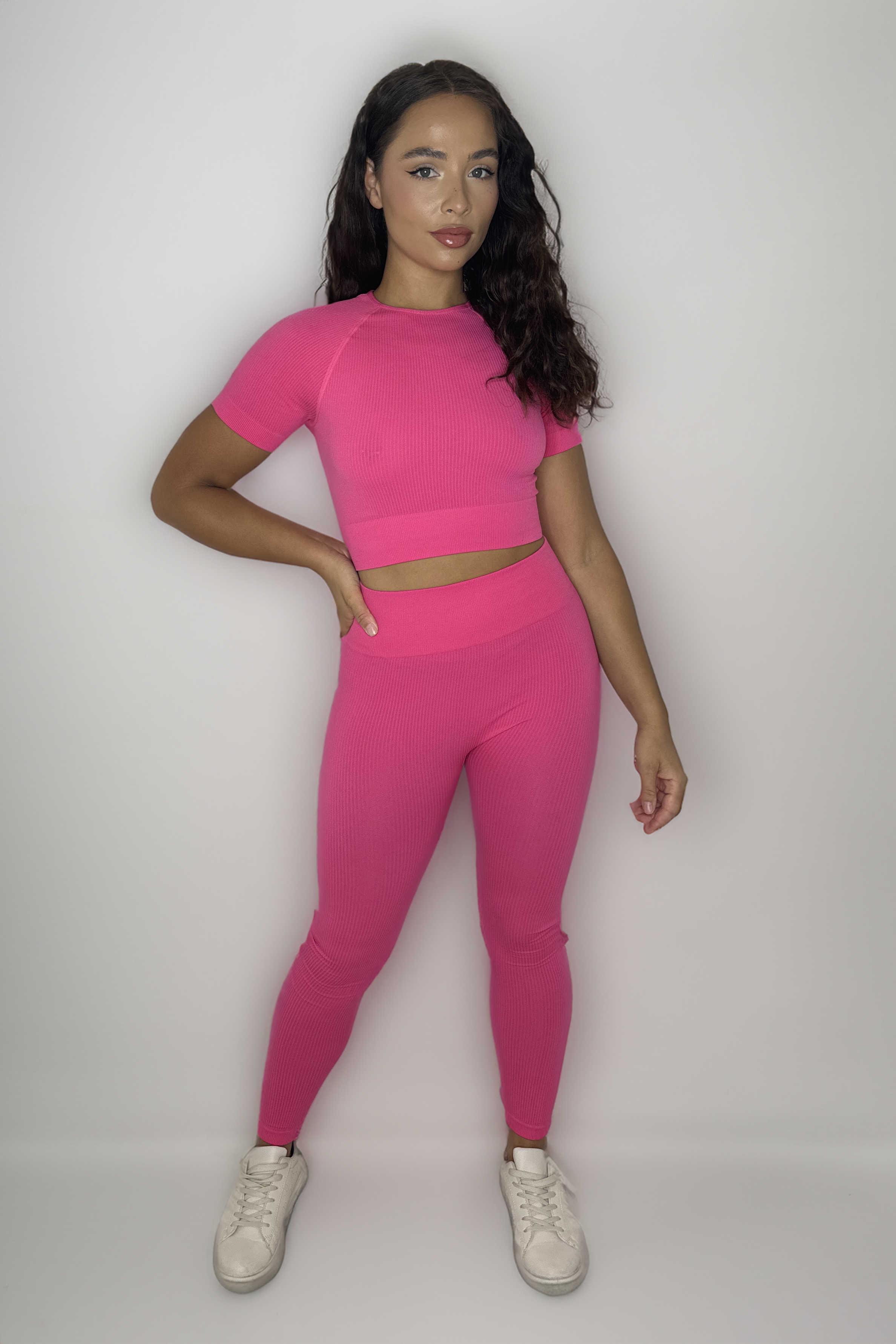 Ribbed Stretchy Short Sleeve  Elasticated Waist Crop Top And Leggings Activewear Set