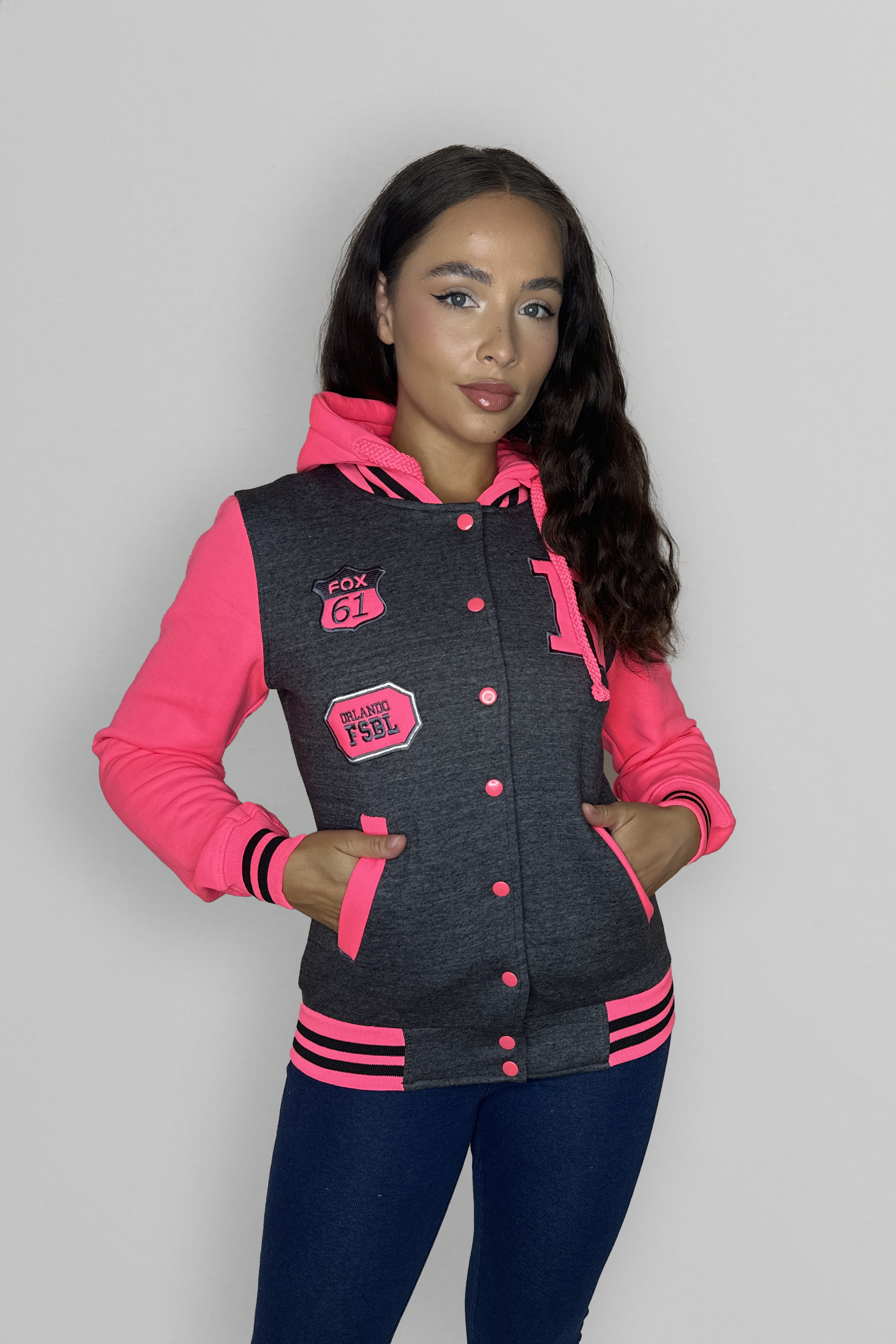 Colour Block Stripe Hem Patched Hooded Fleece Varsity Jacket-SinglePrice