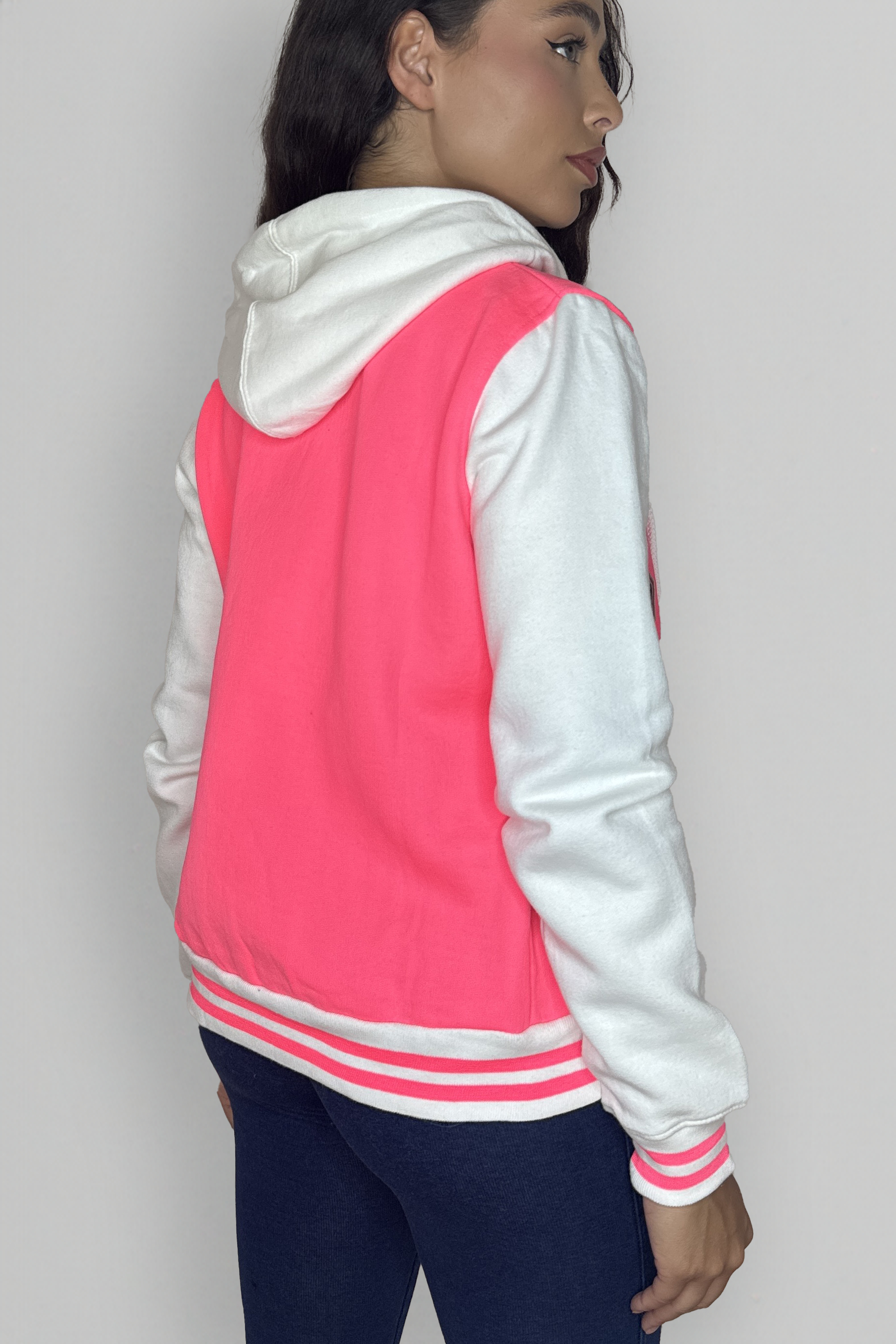 Colour Block Stripe Hem Patched Hooded Fleece Varsity Jacket-SinglePrice