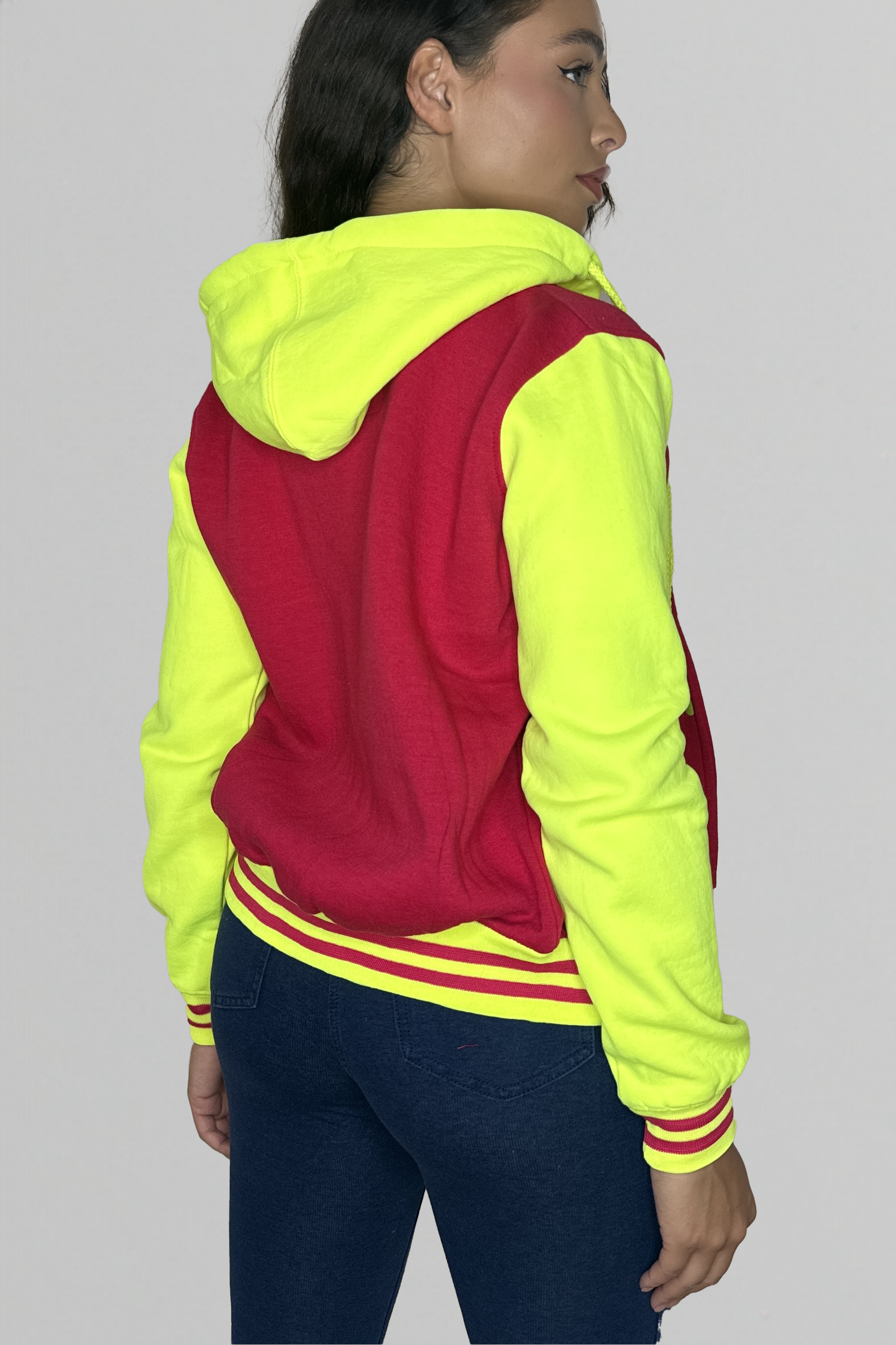 Colour Block Stripe Hem Patched Hooded Fleece Varsity Jacket-SinglePrice