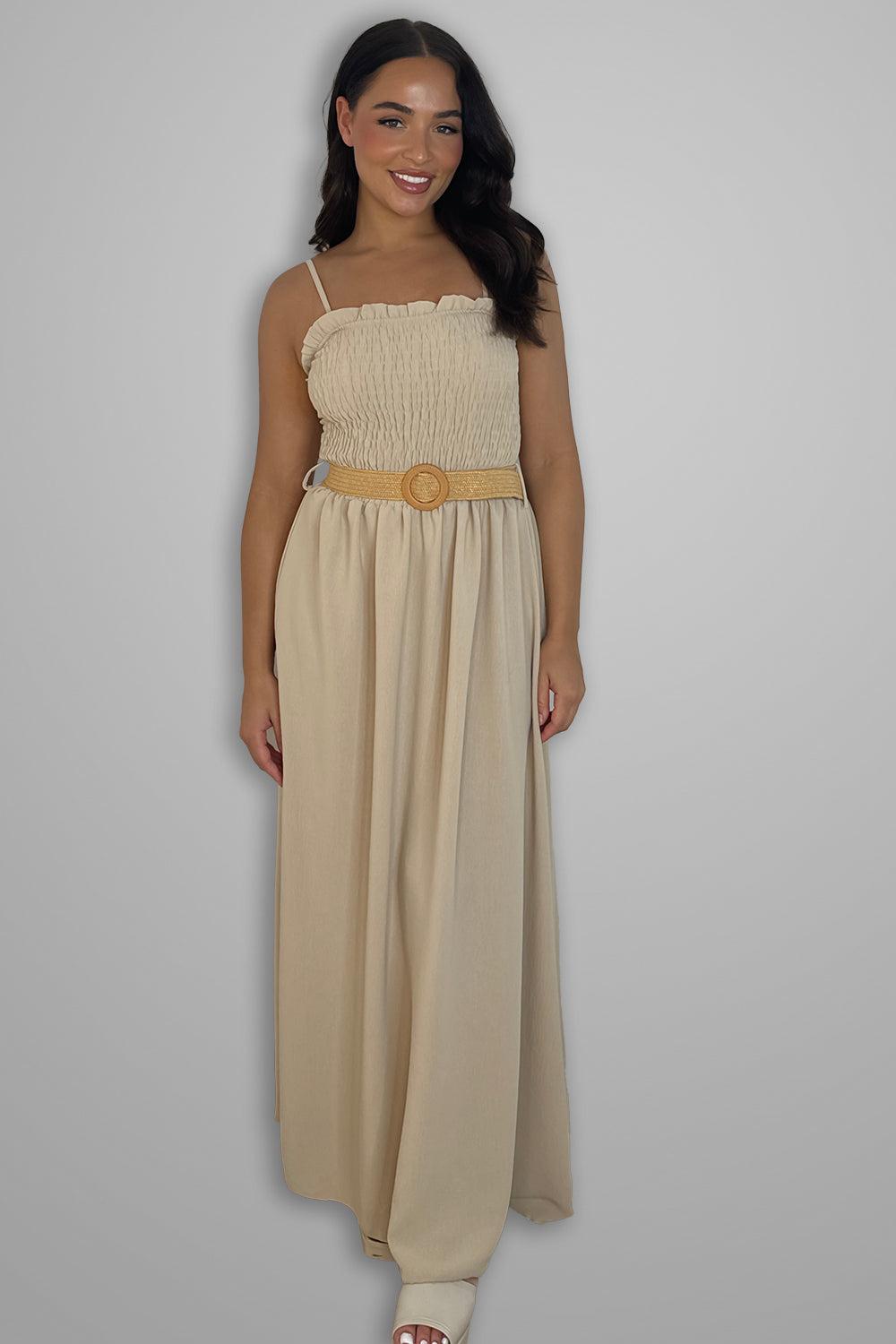 Shirred Top Strappy Belted Maxi Dress-SinglePrice