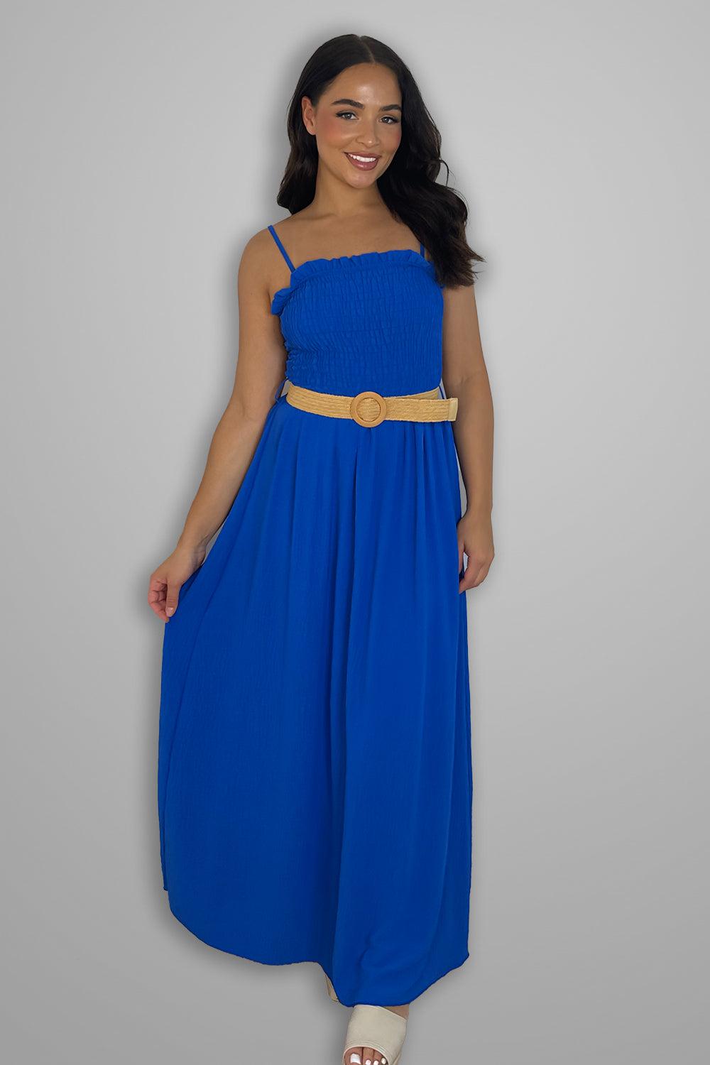 Shirred Top Strappy Belted Maxi Dress-SinglePrice