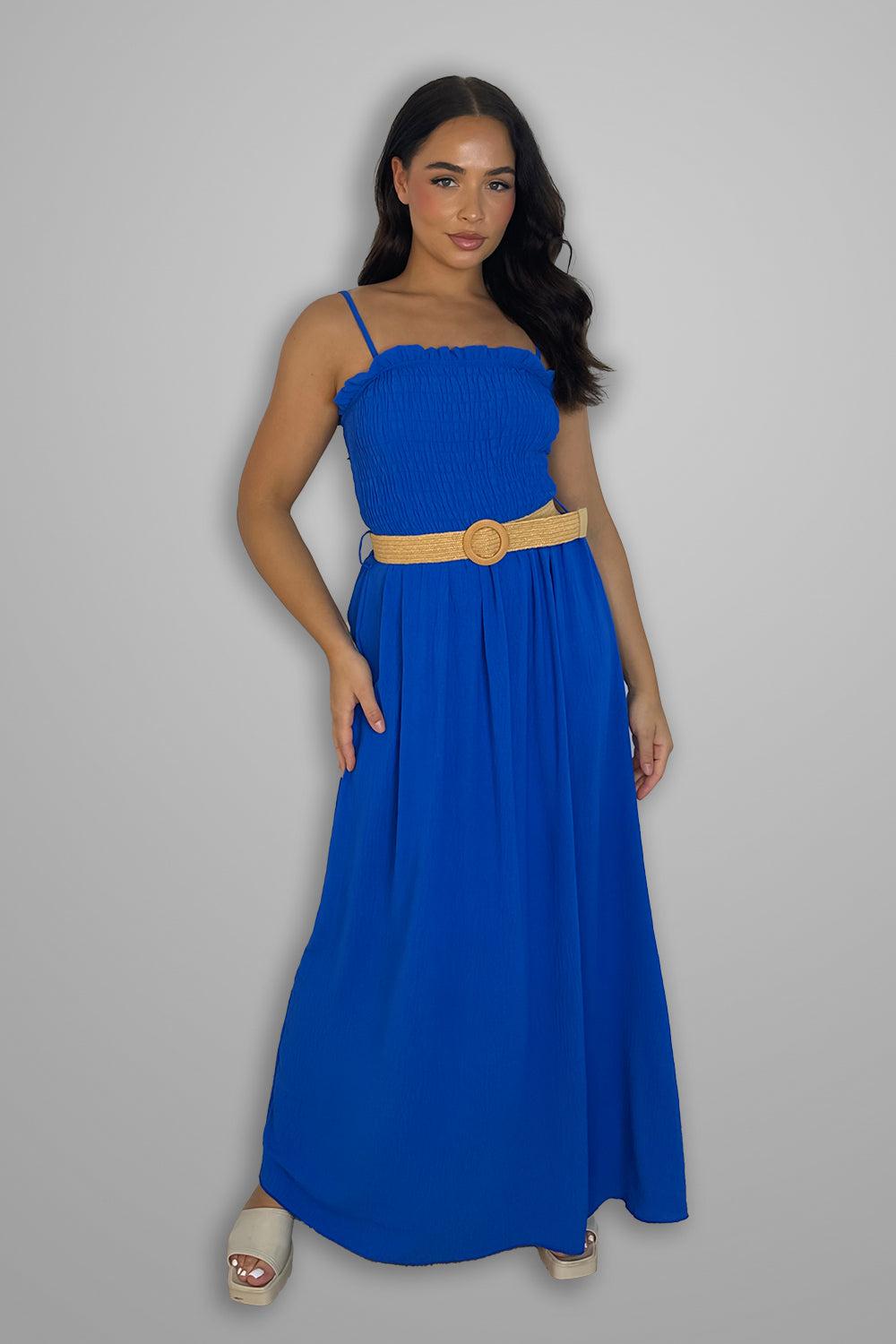 Shirred Top Strappy Belted Maxi Dress-SinglePrice