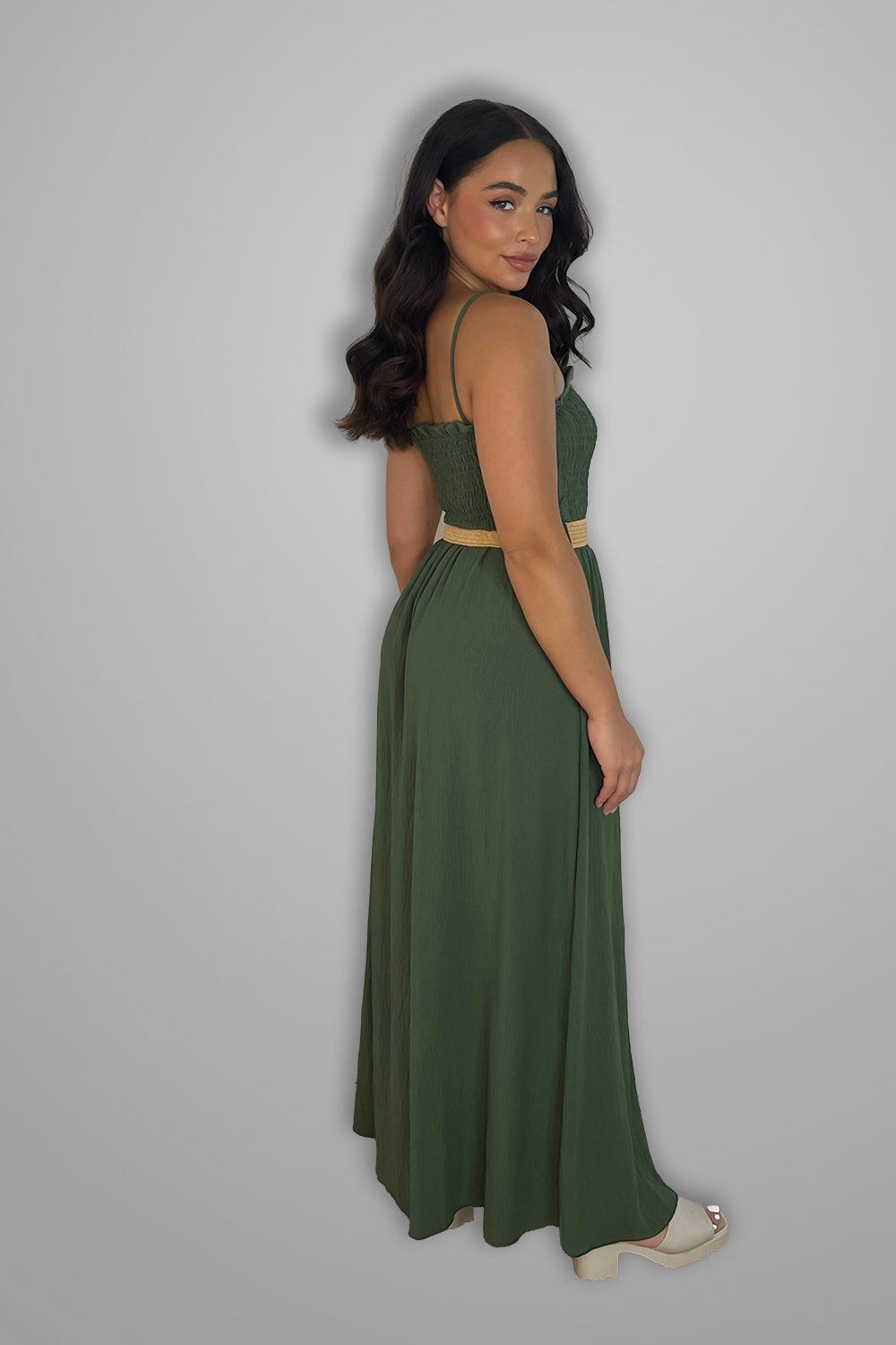 Shirred Top Strappy Belted Maxi Dress-SinglePrice