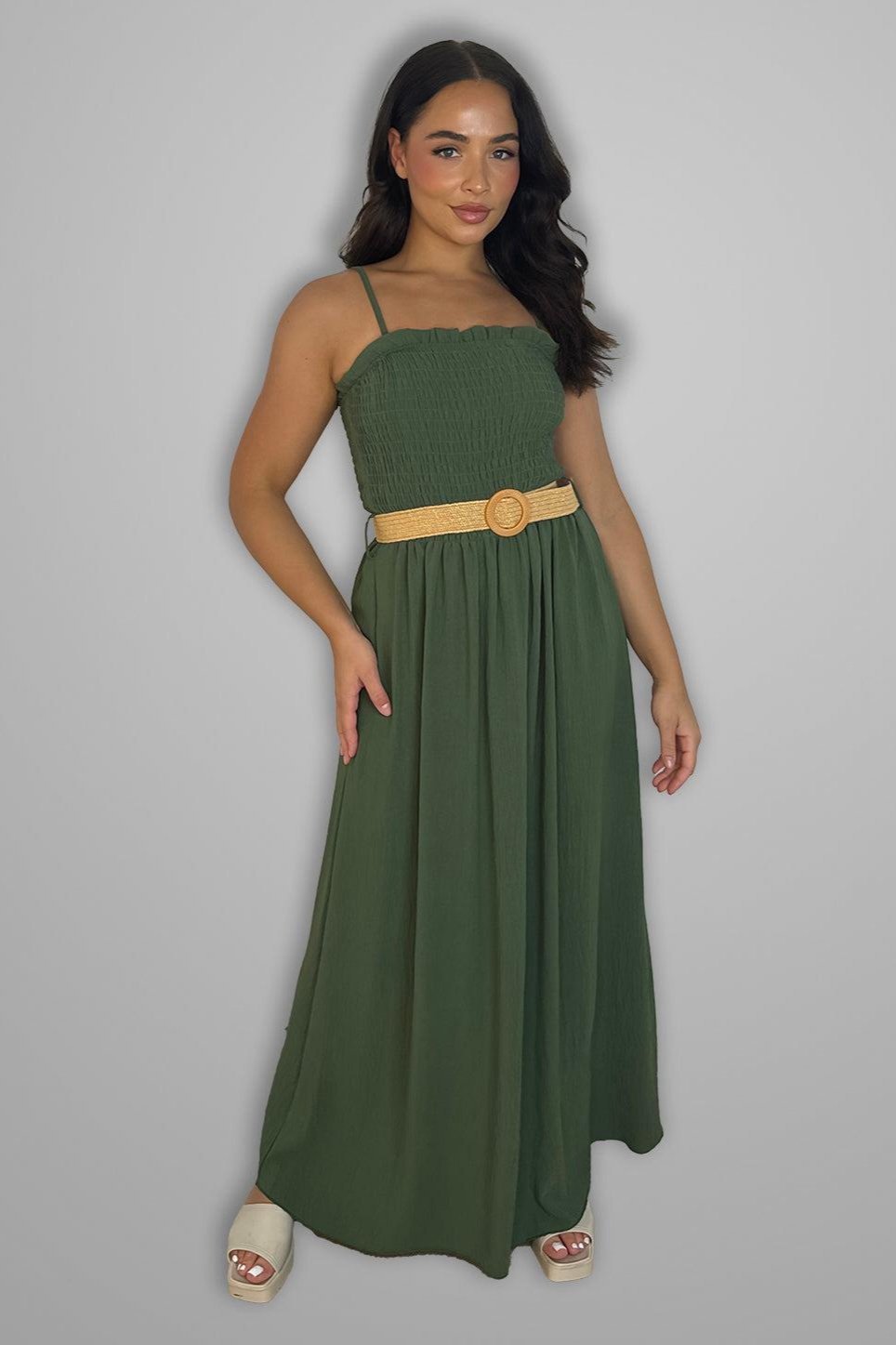 Shirred Top Strappy Belted Maxi Dress-SinglePrice