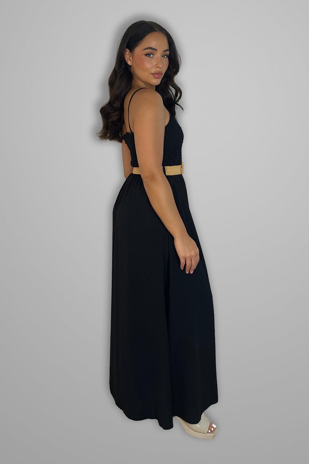 Shirred Top Strappy Belted Maxi Dress-SinglePrice