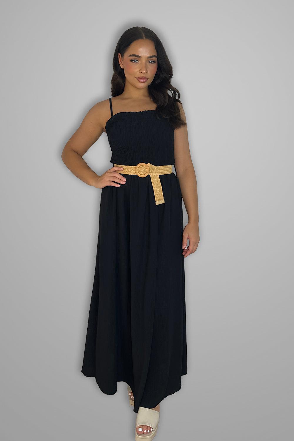 Shirred Top Strappy Belted Maxi Dress-SinglePrice