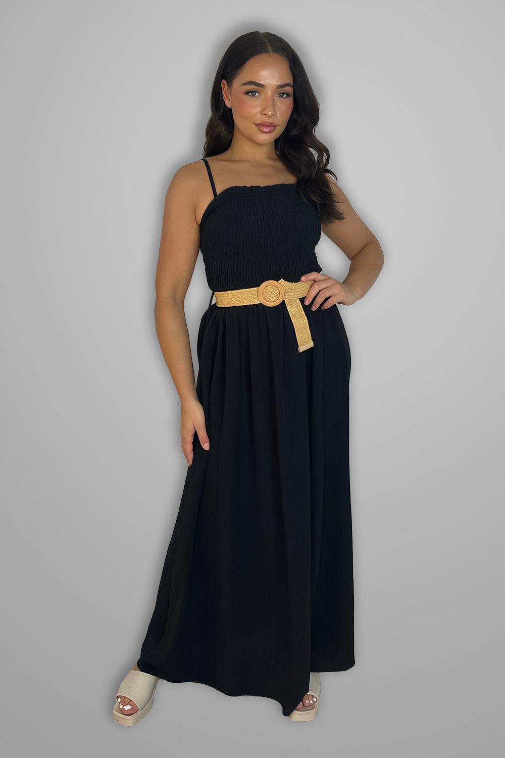 Shirred Top Strappy Belted Maxi Dress-SinglePrice