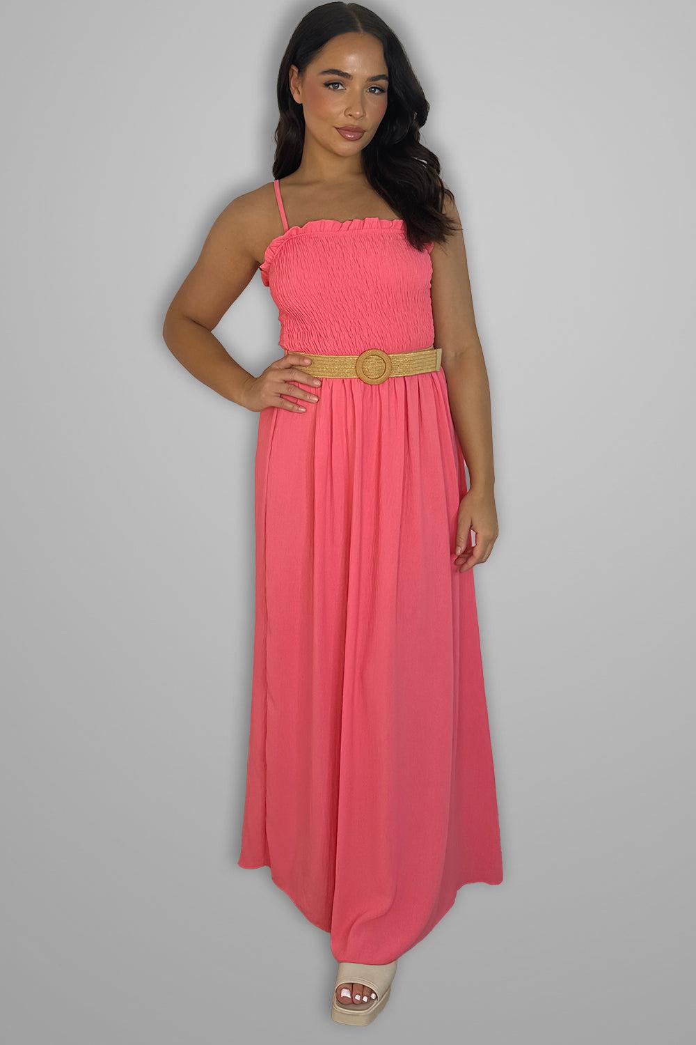 Shirred Top Strappy Belted Maxi Dress-SinglePrice