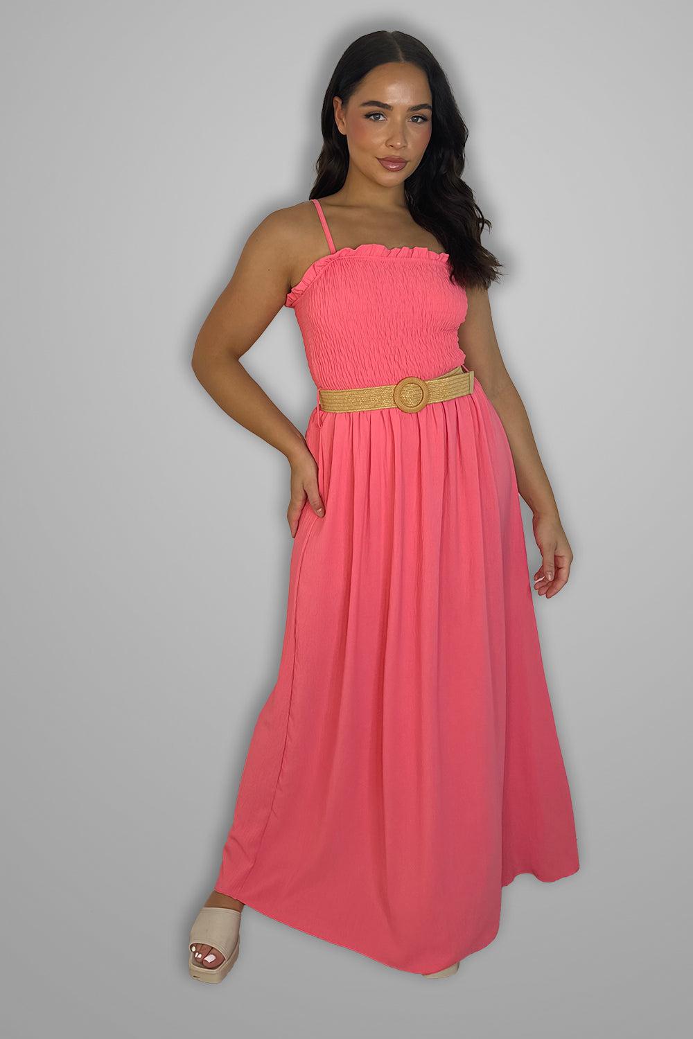 Shirred Top Strappy Belted Maxi Dress-SinglePrice