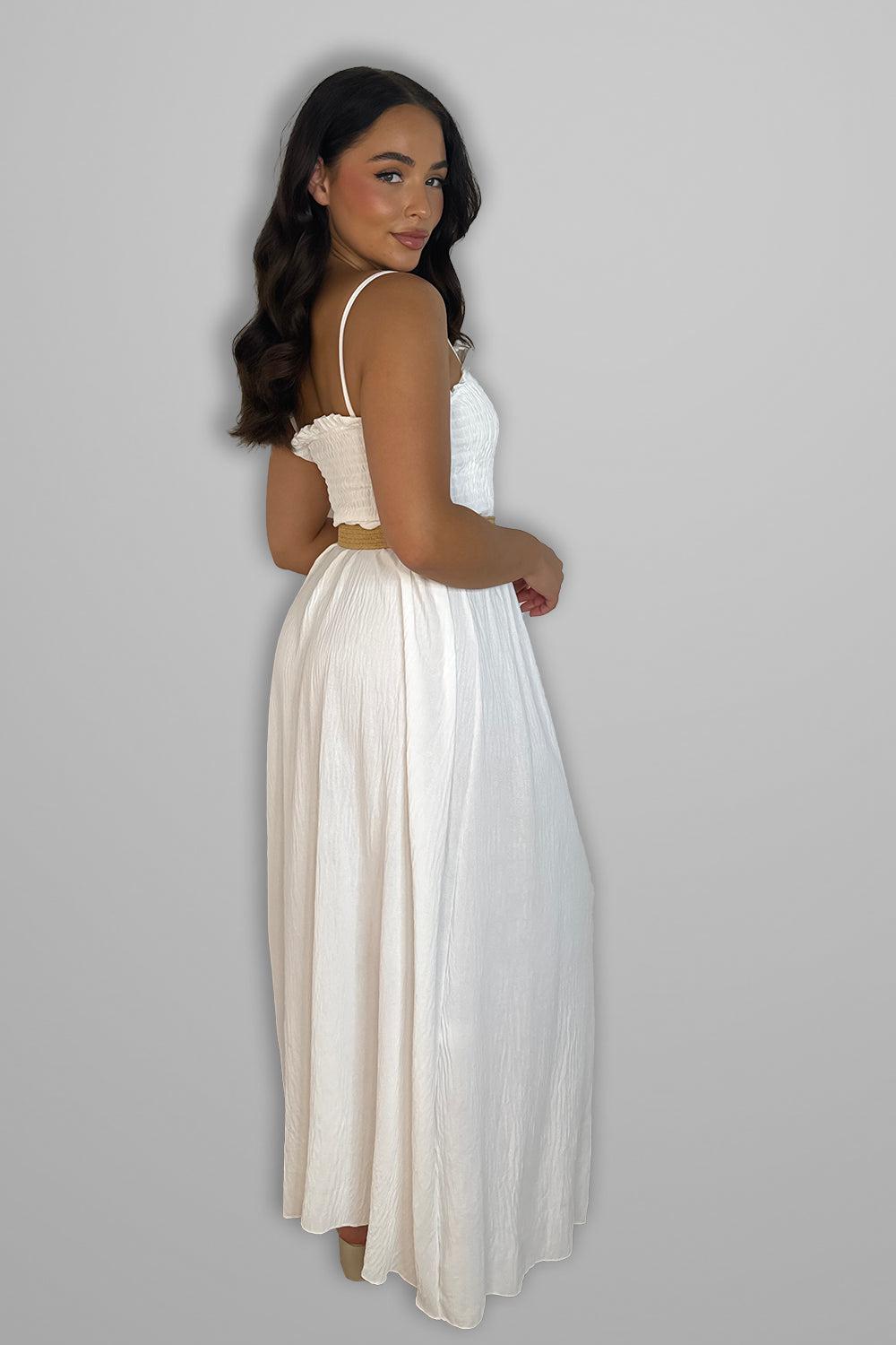 Shirred Top Strappy Belted Maxi Dress-SinglePrice