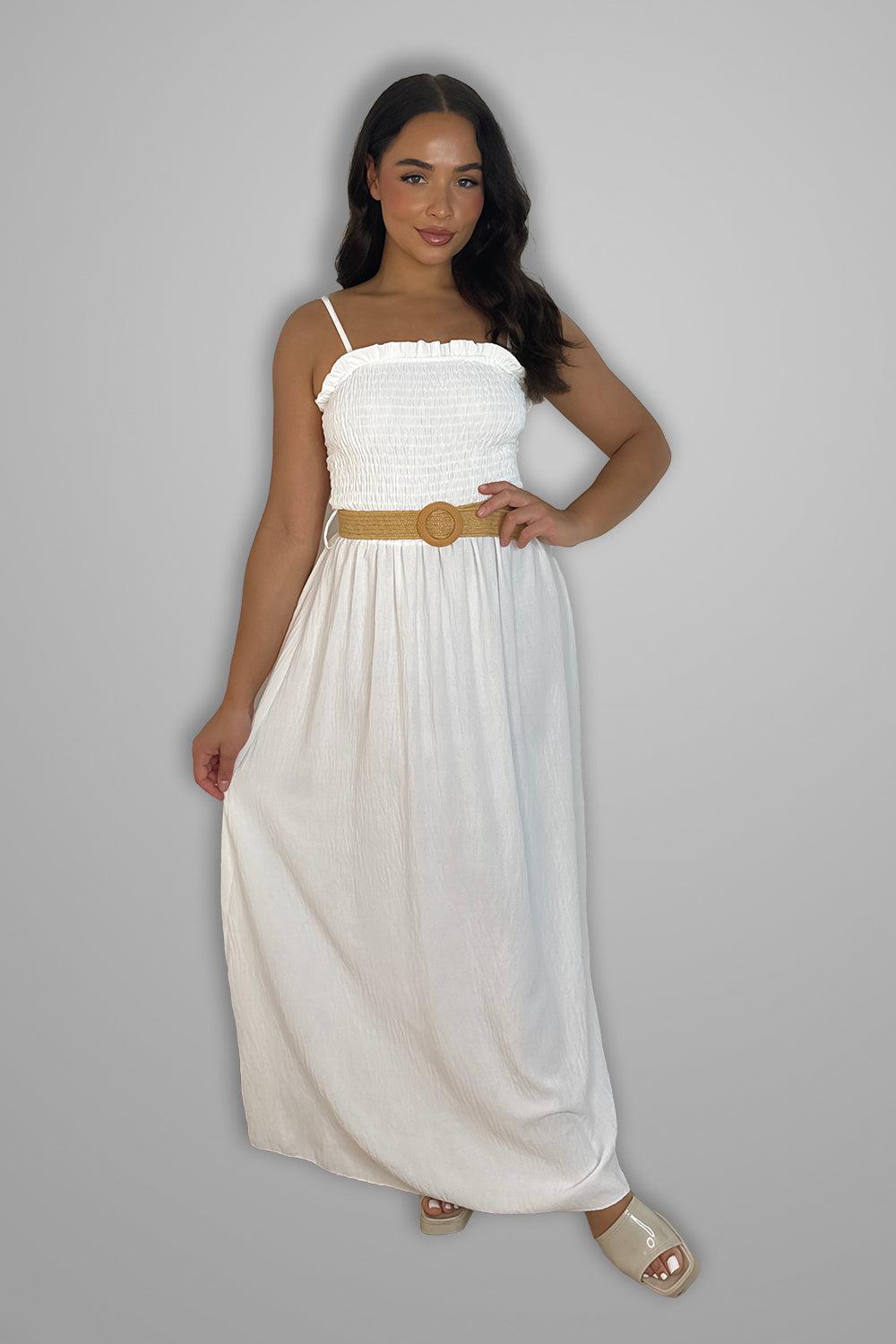 Shirred Top Strappy Belted Maxi Dress-SinglePrice