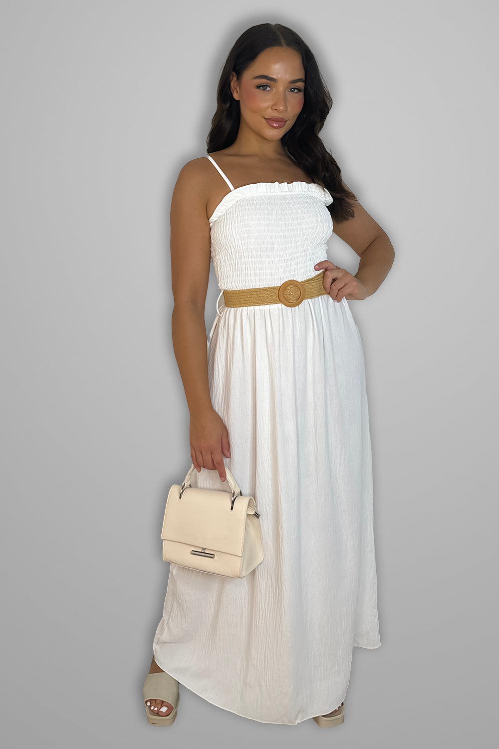 Shirred Top Strappy Belted Maxi Dress-SinglePrice