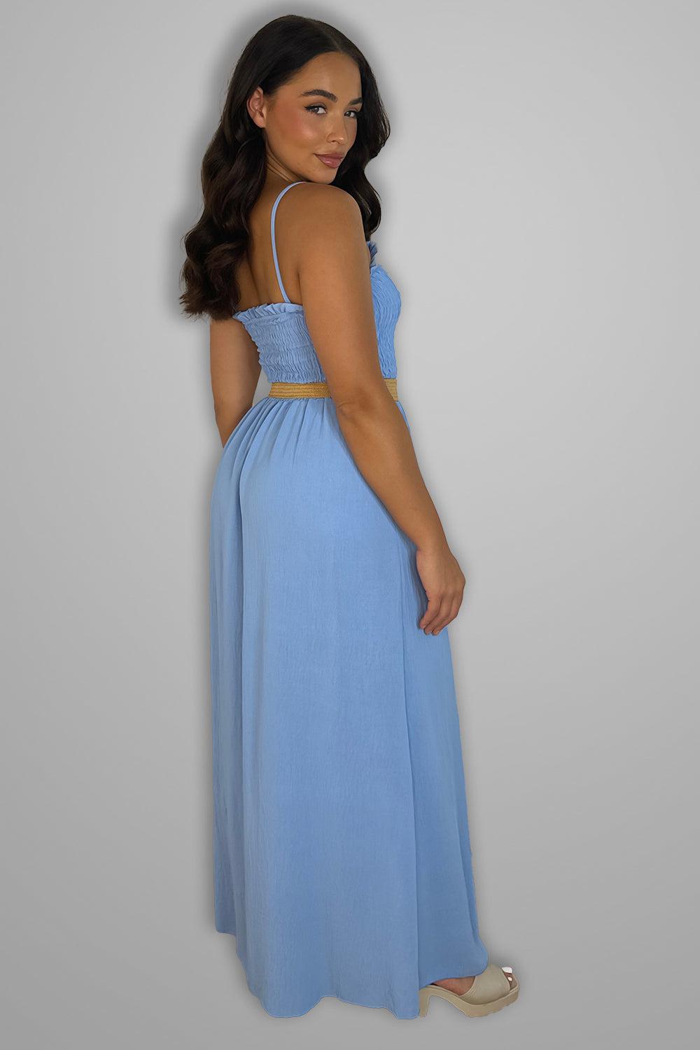 Shirred Top Strappy Belted Maxi Dress-SinglePrice