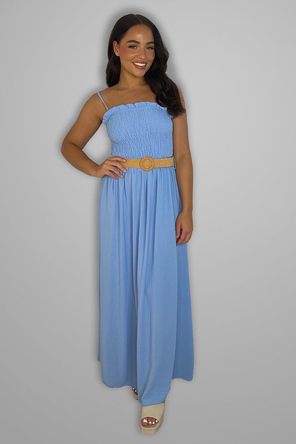 Shirred Top Strappy Belted Maxi Dress-SinglePrice