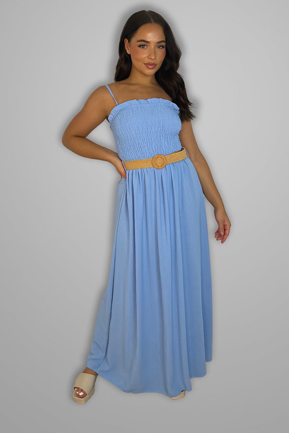 Shirred Top Strappy Belted Maxi Dress-SinglePrice