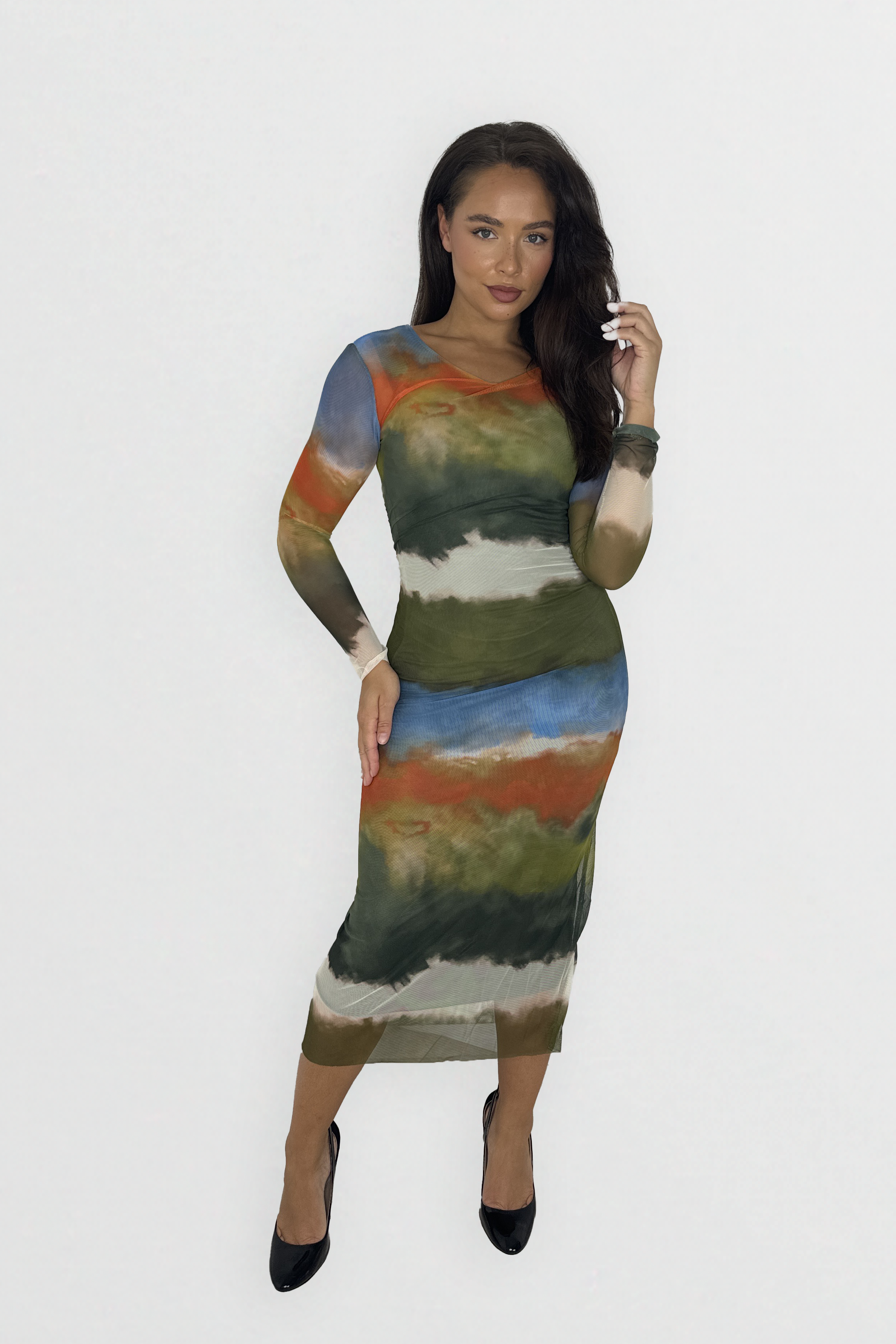 Multicolour Tie Dye Long Sleeve Ruched Long Mesh Dress