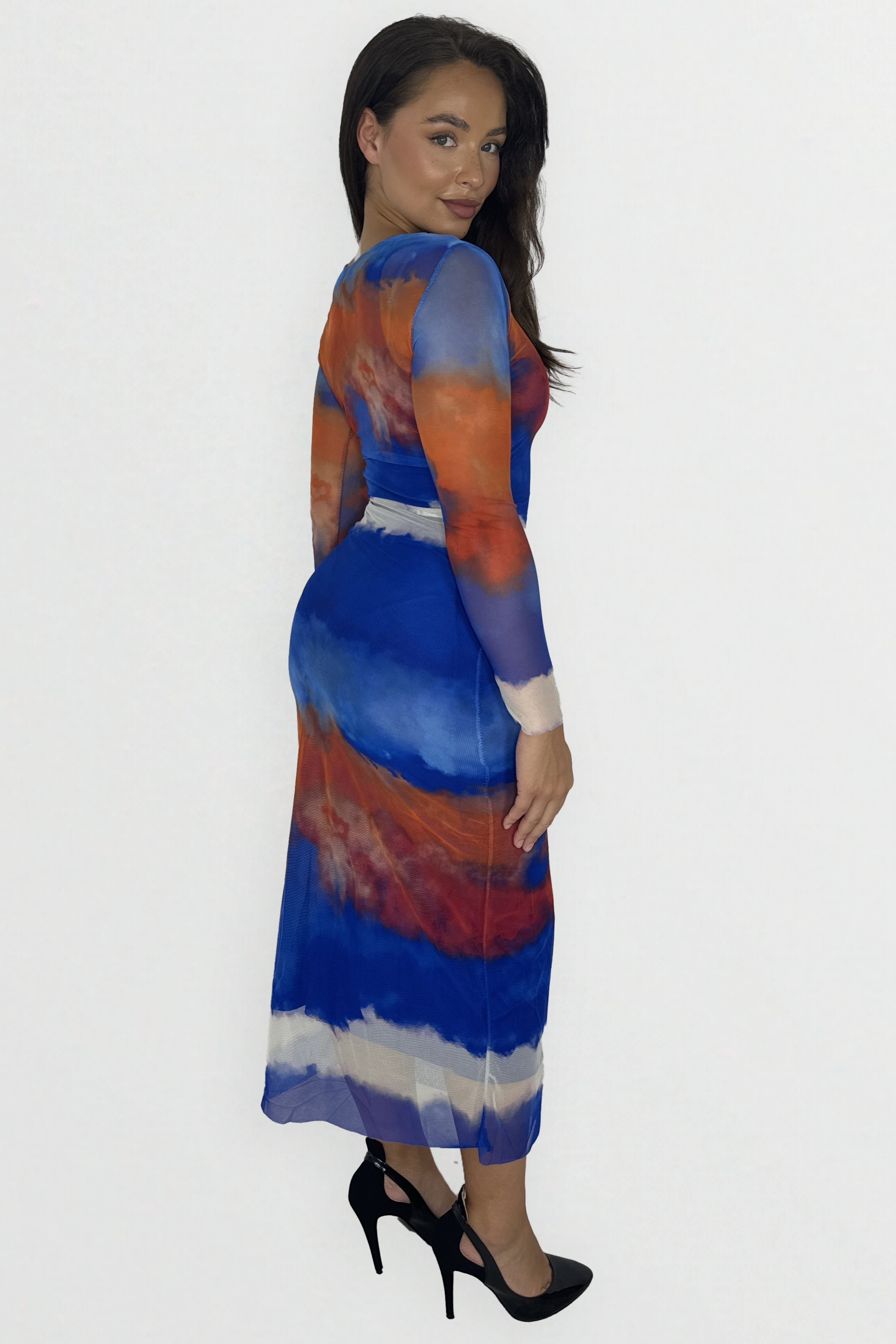 Multicolour Tie Dye Long Sleeve Ruched Long Mesh Dress