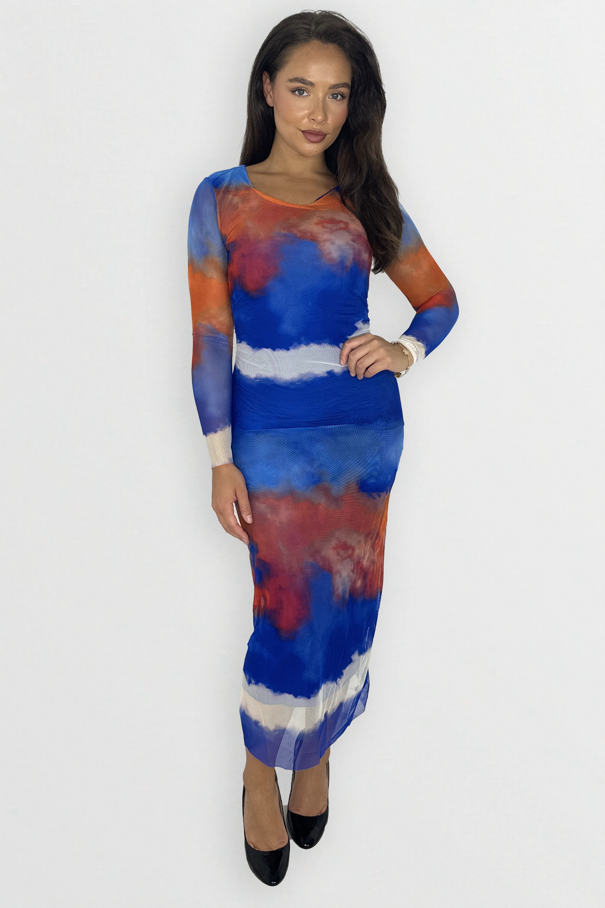 Multicolour Tie Dye Long Sleeve Ruched Long Mesh Dress