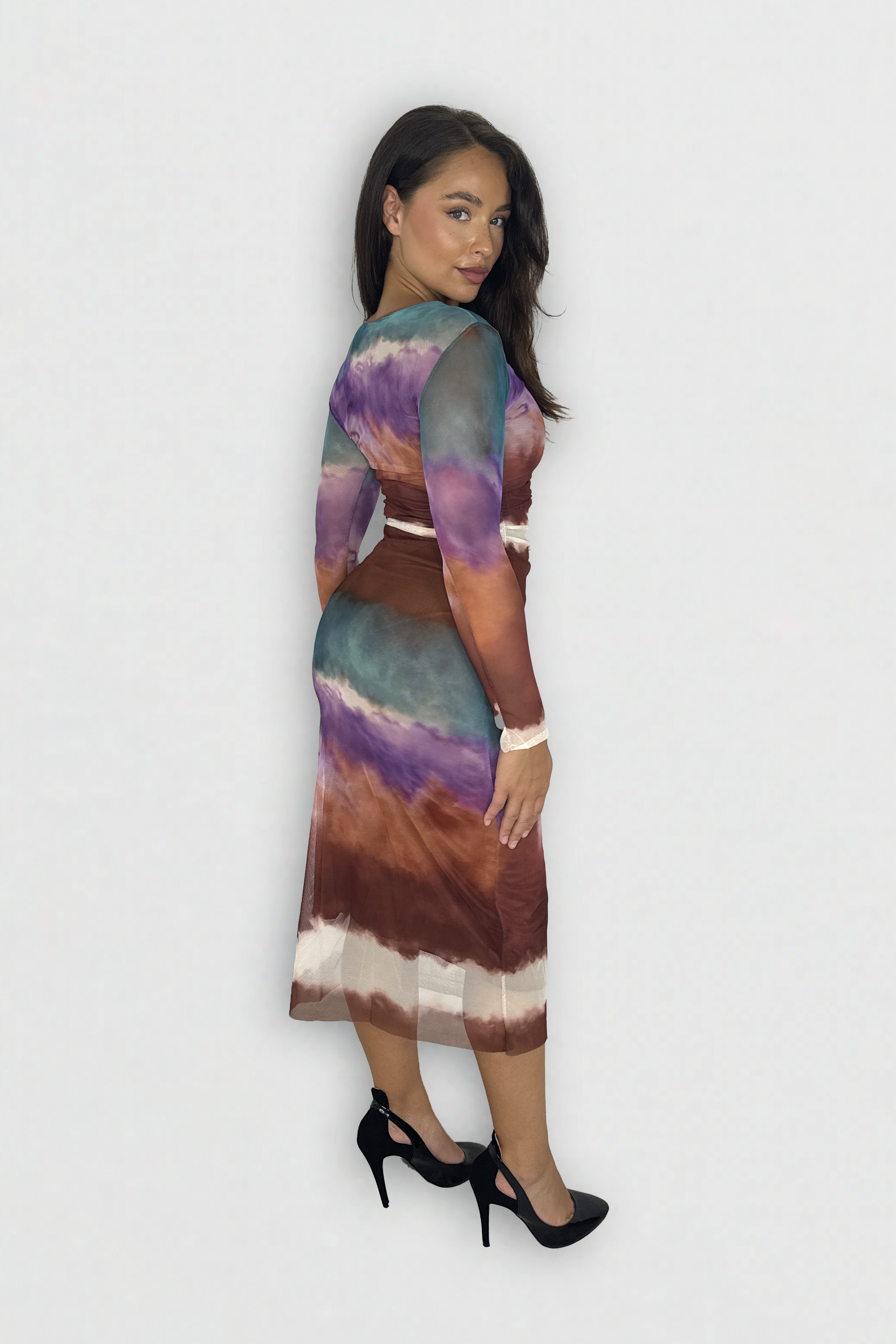 Multicolour Tie Dye Long Sleeve Ruched Long Mesh Dress