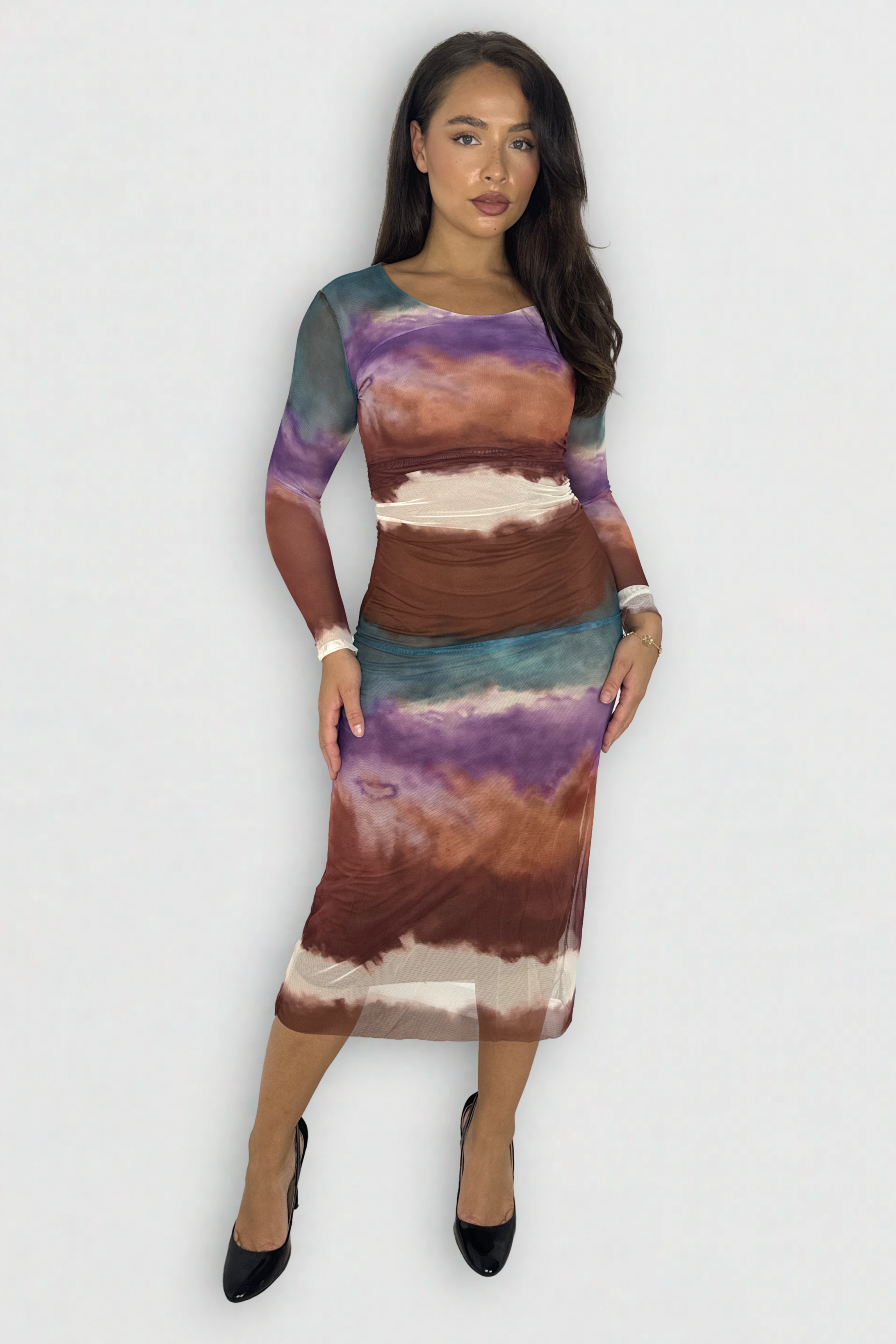 Wholesale Women's Multicolour Tie Dye Long Sleeve Ruched Long Mesh Dress (PACK OF 6)